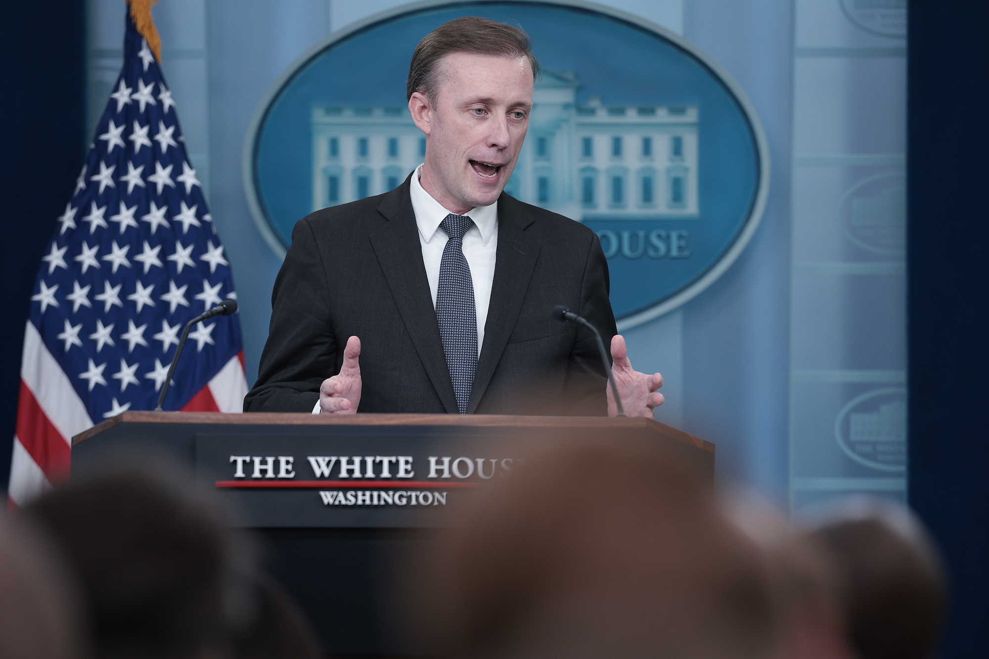 National Security Advisor Jake Sullivan answers questions during a press briefing at the White House on Monday.