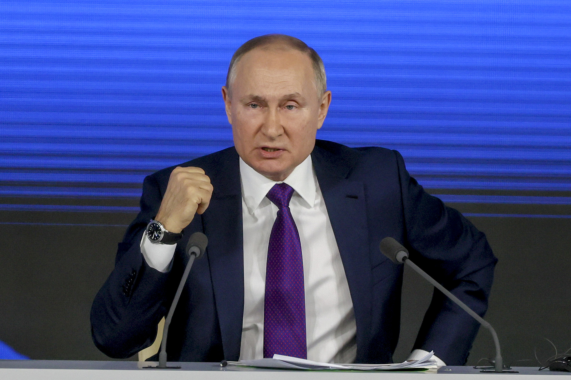 Russian President Vladimir Putin speaks during his annual press conference on December 23, in Moscow, Russia