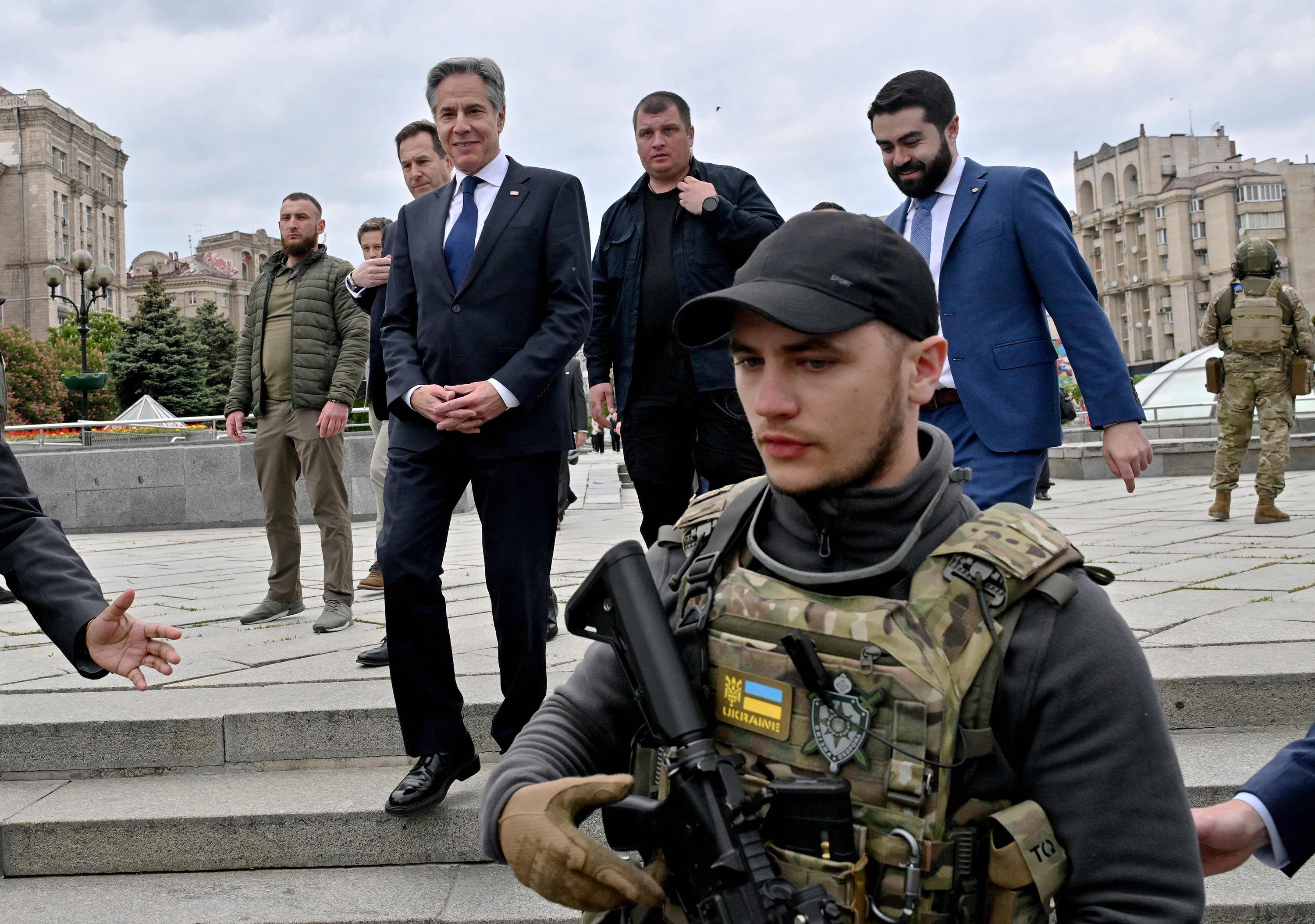 US Secretary of State Antony Blinken walks on Independence Square in Kyiv, on May 14, during a visit to Ukraine. 