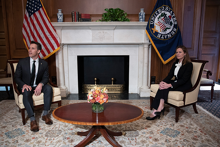 Senator Josh Hawley (left) met with Judge Amy Coney Barrett, President Donald Trump's nominee for the US Supreme Court, on Capitol Hill in Washington, DC on October, 1, 2020. 