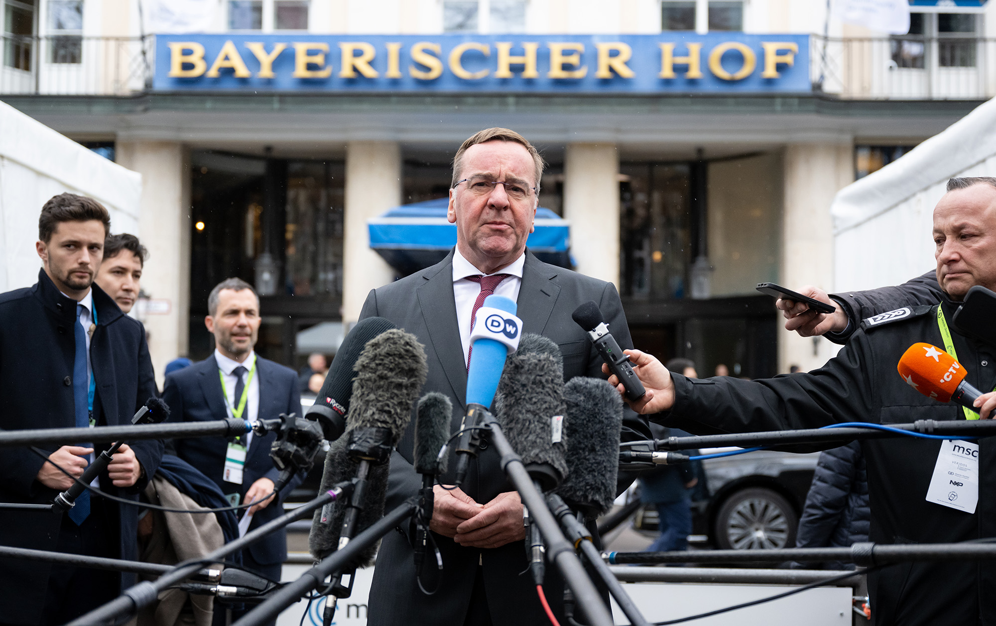 Boris Pistorius, German Minister of Defense, makes a statement in front of the Hotel Bayerischer Hof before the start of the 59th Munich Security Conference (MSC) in Munich, Germany, on February 17.
