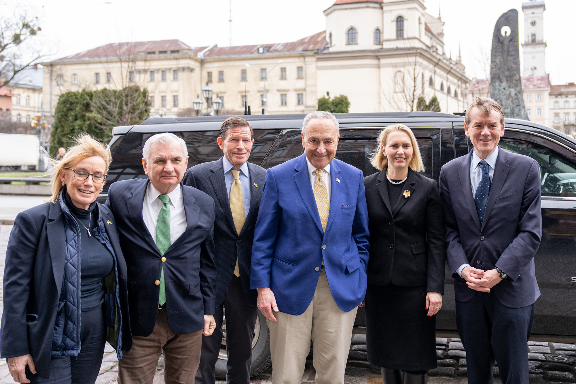 Senator Chuck Schumer, center, leads Congressional delegation to Ukraine to mark two-year anniversary of Russian invasion in Lviv, Ukraine, on February 23.