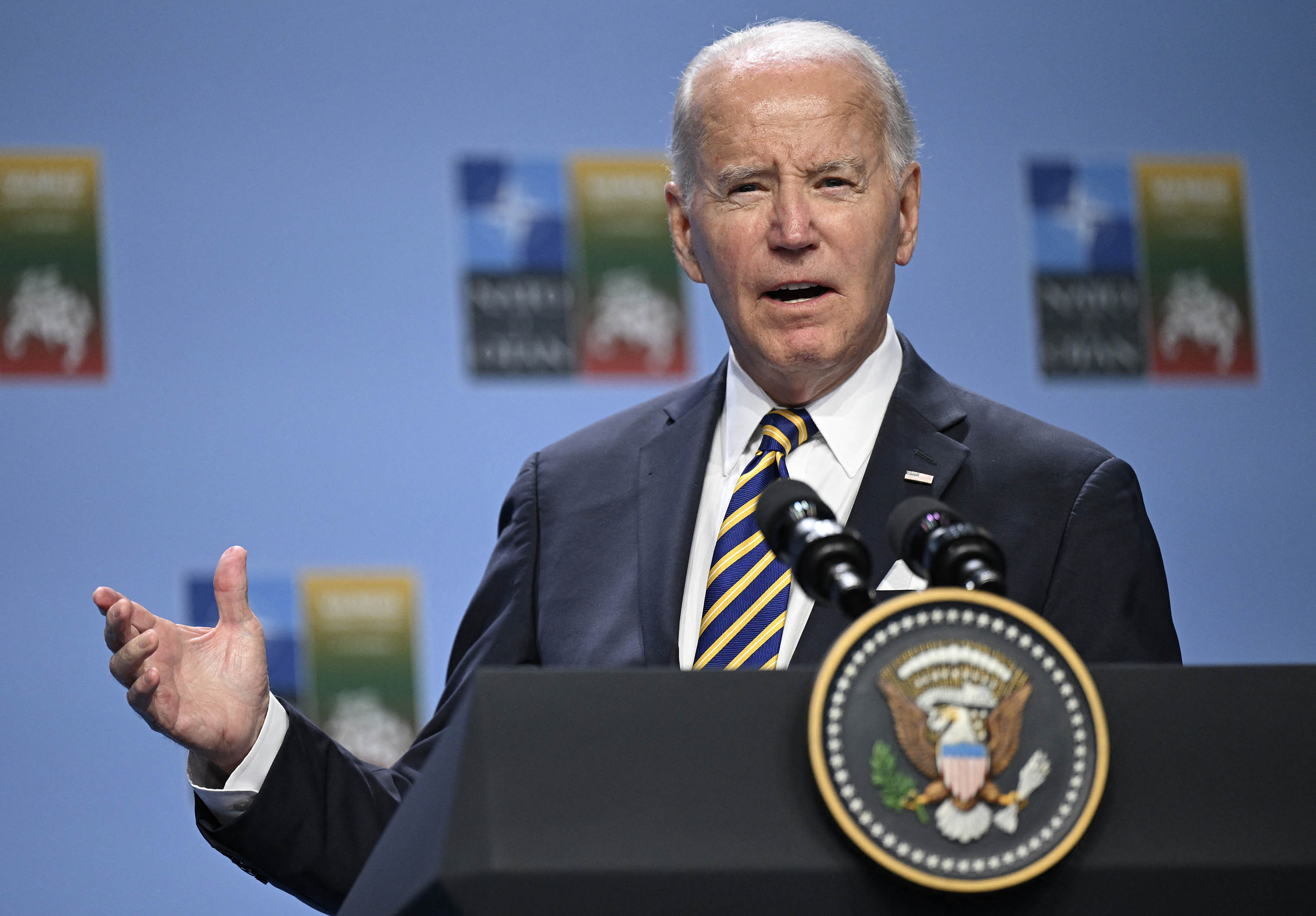 US President Joe Biden speaks during the NATO Summit in Vilnius, Lithuania, on July 12. 