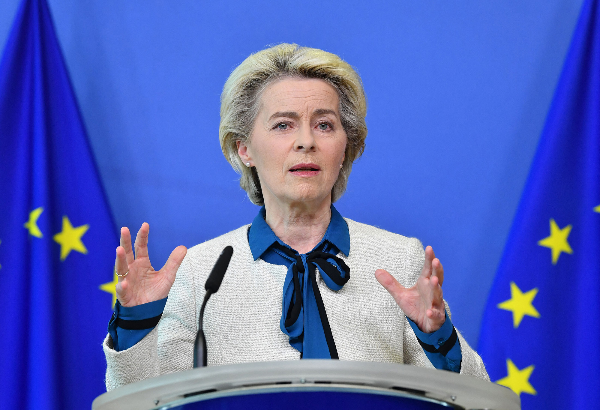 European Commission President Ursula von der Leyen delivers a statement at the EU headquarters in Brussels, Belgium, on May 18.