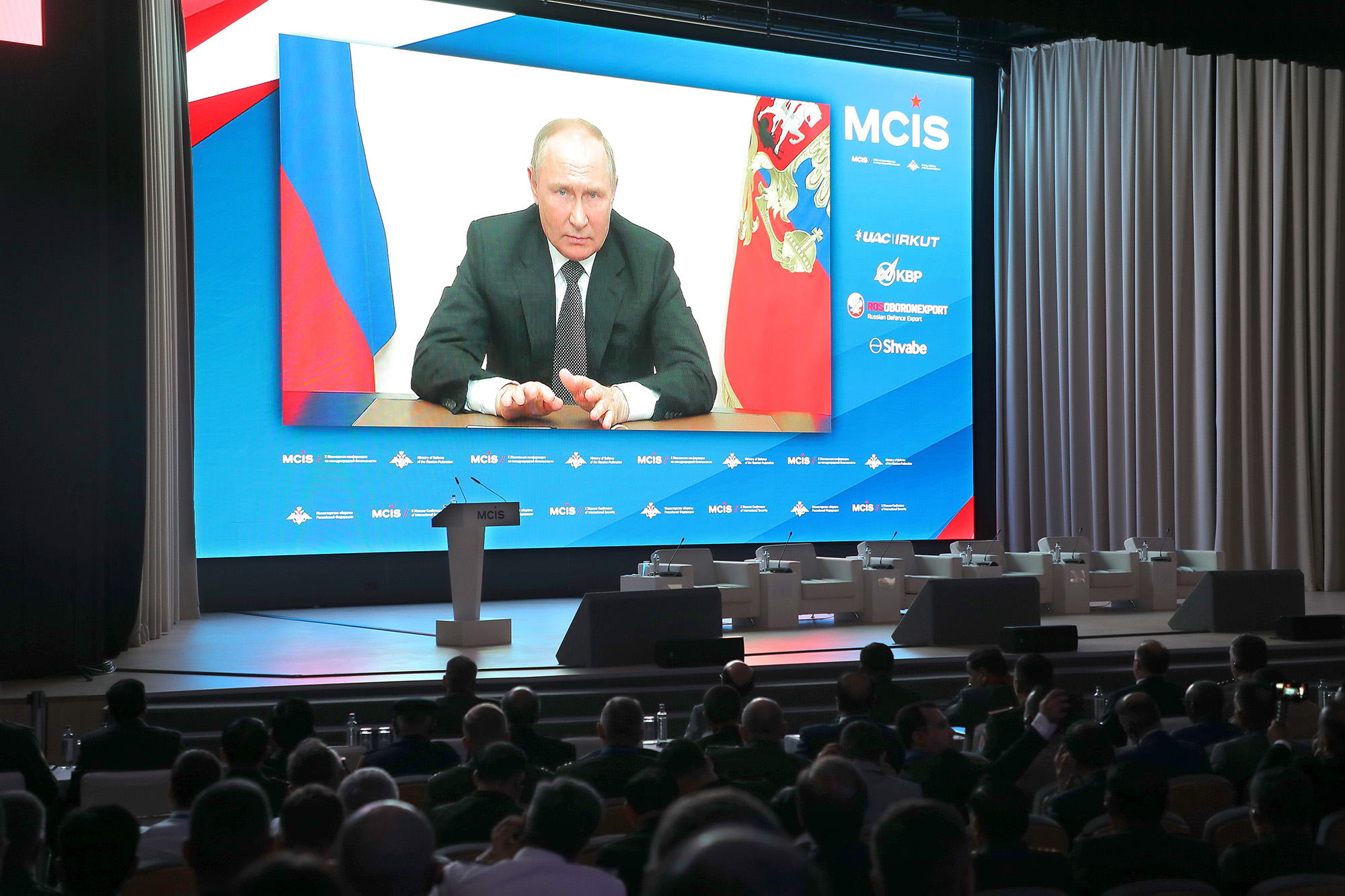 Russian President Vladimir Putin addresses participants via a video link attending the Moscow Conference on International Security (MCIS) at the Patriot Park in Kubinka near Moscow on August 16. 