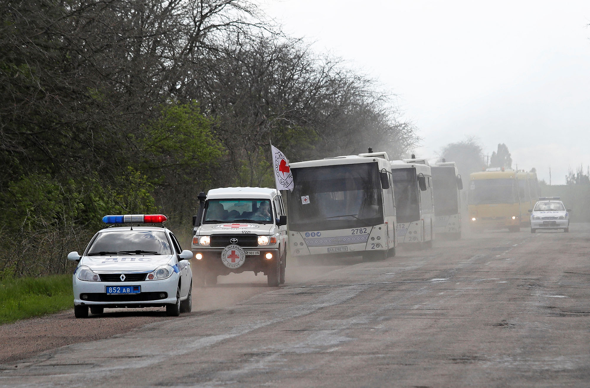 A bus convoy carrying civilians from Mariupol, including evacuees from the Azovstal steel plant, on the way to Zaporizhzhia, Ukraine, on May 2.
