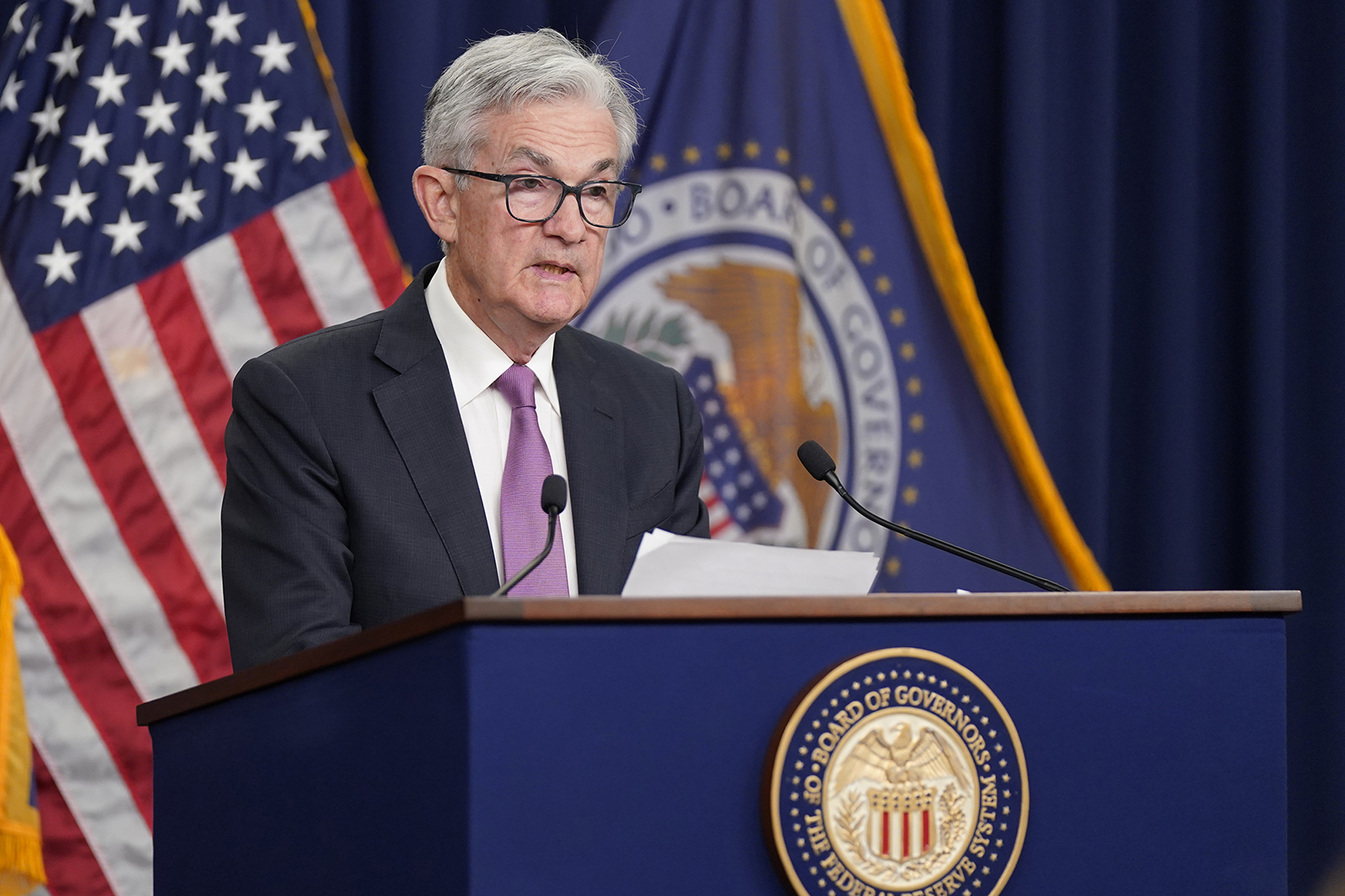 Federal Reserve Chairman Jerome Powell speaks during a news conference at the Federal Reserve Board building in Washington, Wednesday, July 27.