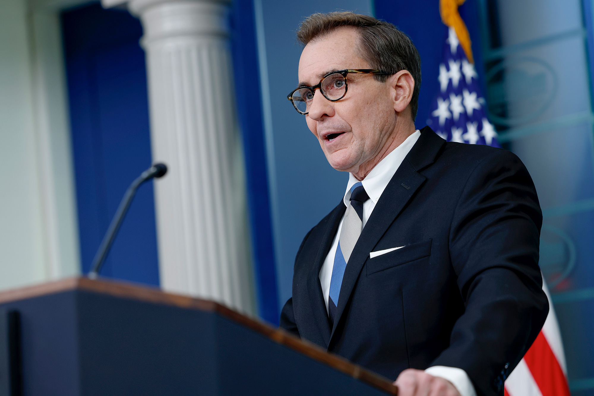 White House National Security Communications Advisor John Kirby speaks during a press briefing at the White House in Washington, DC, on February 15.