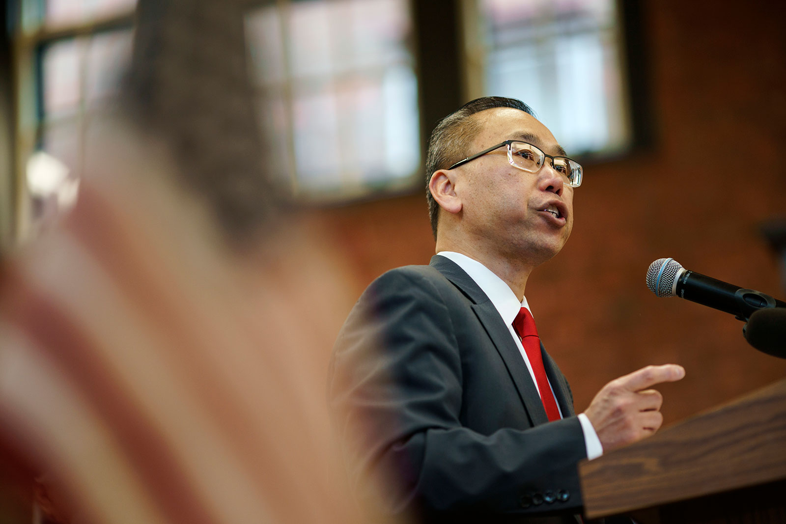 Allan Fung speaks at his campaign kickoff event on April 26 in East Greenwich, Rhode Island.