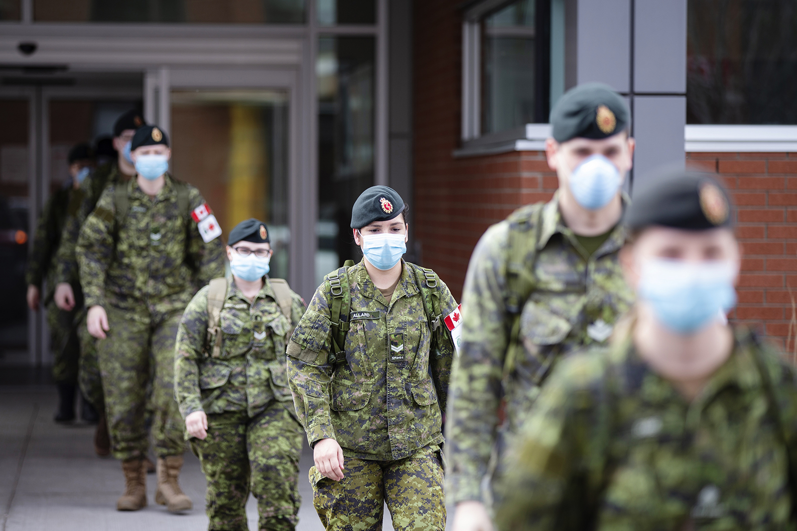 Canadian Armed Forces (CAF) medical personnel leave following their shift at the Centre Valeo St. Lambert seniors' long-term care home in St. Lambert, Quebec, Canada, on April 24.