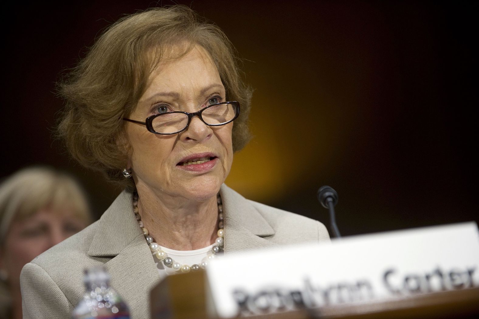Rosalynn speaks to senators on Capitol Hill during a hearing of the Special Committee on Aging in 2011. Carter urged the reauthorization of the Older Americans Act, which provides older Americans access to caregiving services. 