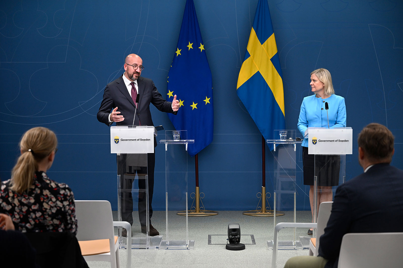 European Council chief Charles Michel, left, and Swedish Prime Minister Magdalena Andersson speak at a joint press conference in Stockholm, Sweden, on May 25.