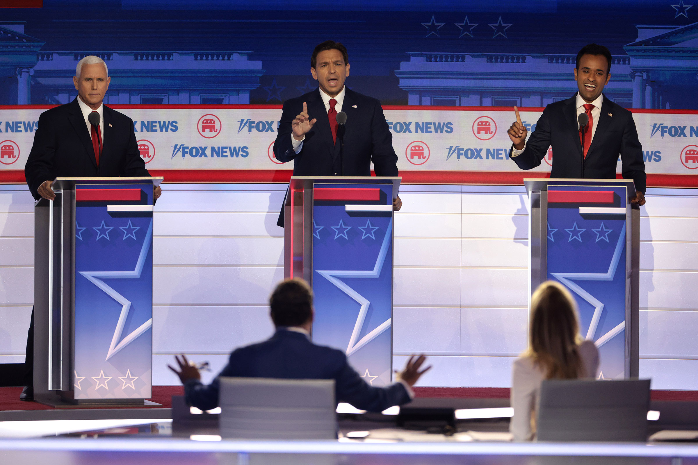 Republican presidential candidates former Vice President Mike Pence, Florida Gov. Ron DeSantis and Vivek Ramaswamy participate in the first debate of the GOP primary season on Wednesday.