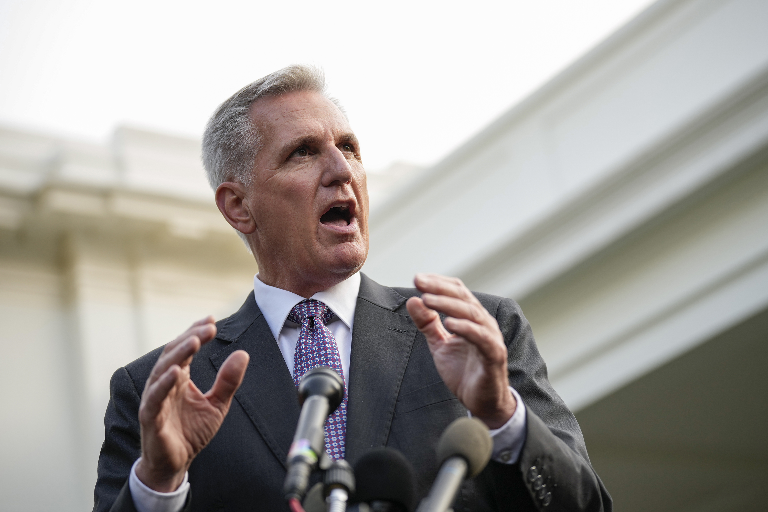 House Speaker Kevin McCarthy (R-CA) speaks to the media as he leaves a meeting on the debt ceiling with President Joe Biden at the White House in Washington, DC, on May 22.