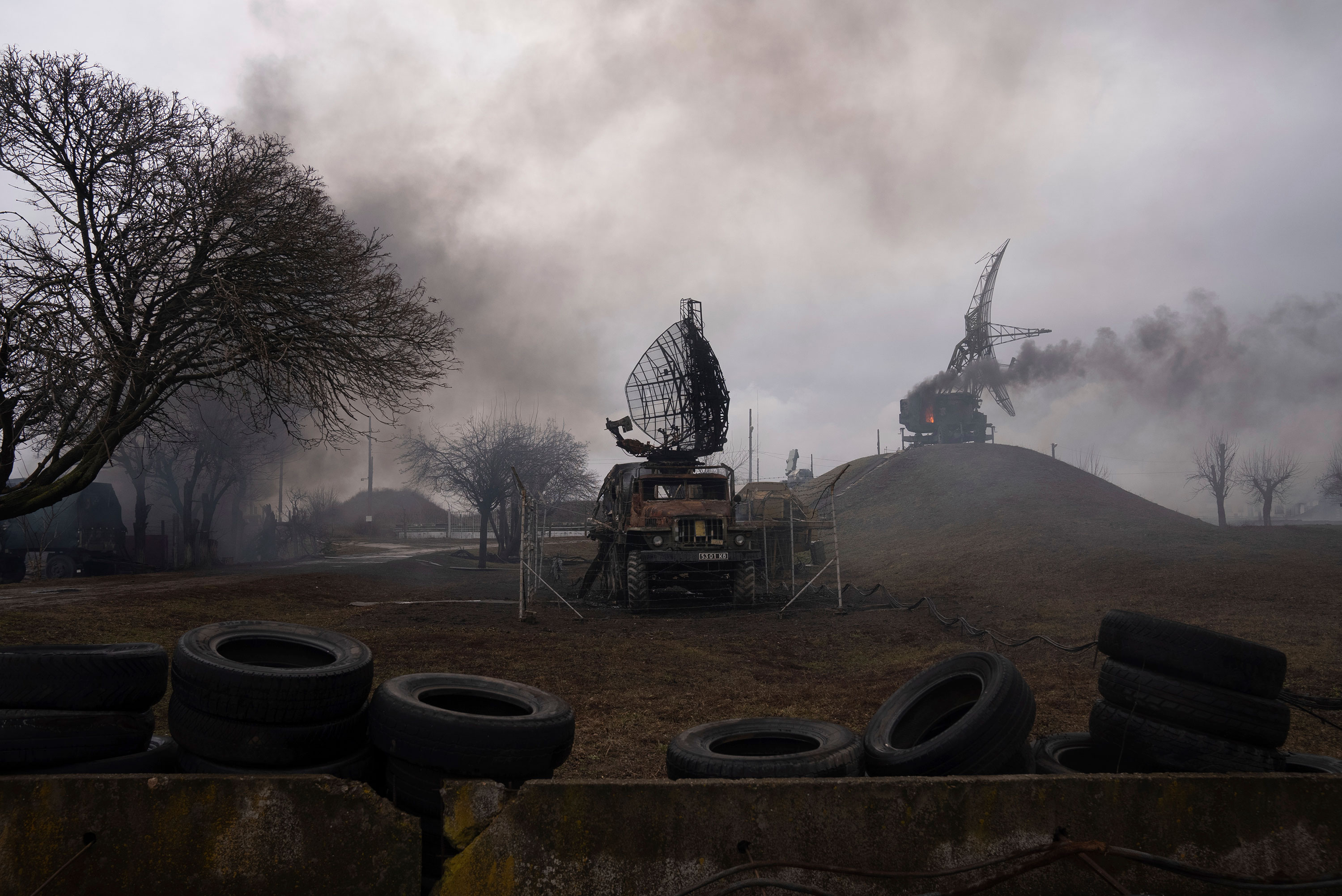 Smoke rises from an air defense base in Mariupol, Ukraine, on February 24.
