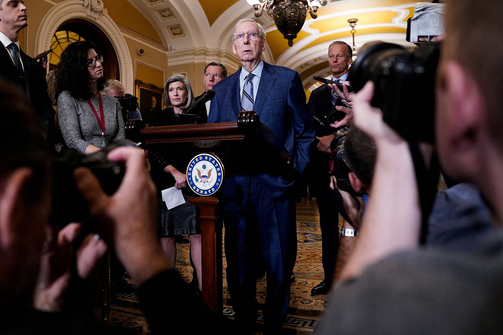 Mitch McConnell speaks to reporters at the U.S. Capitol in Washington, U.S., on September 12.