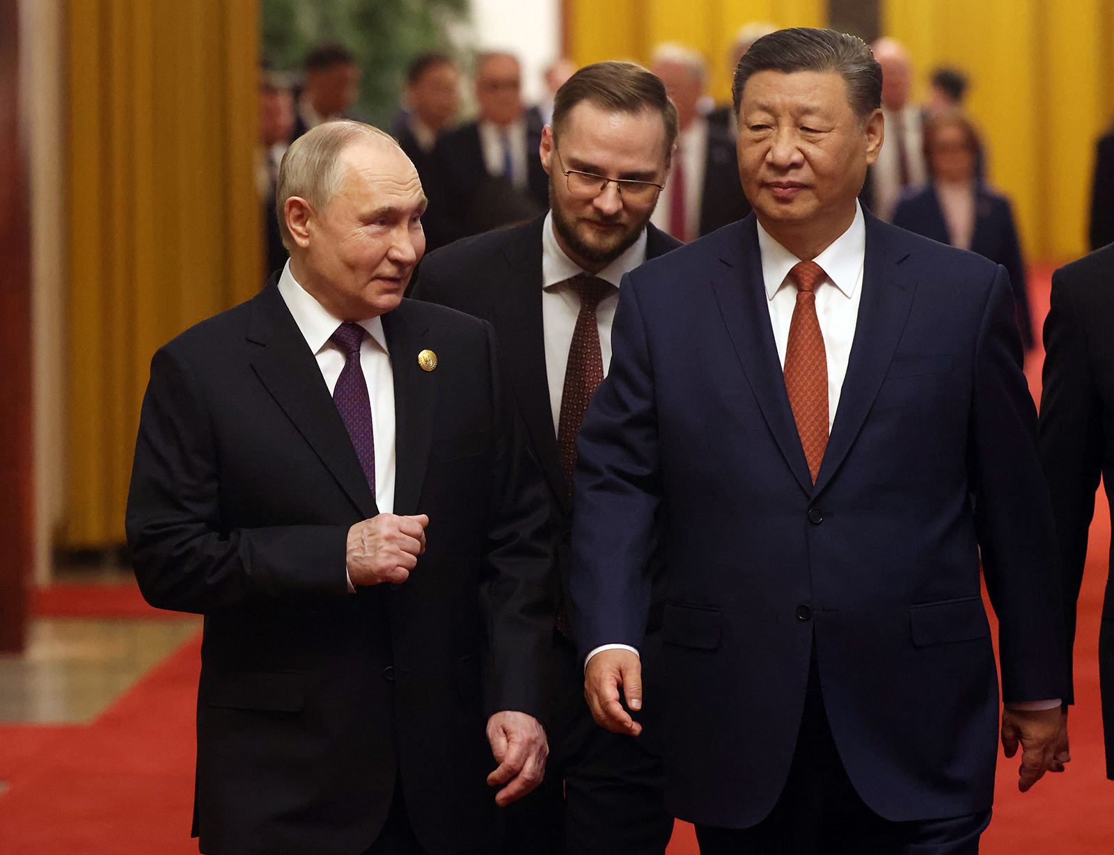 Russian President Vladimir Putin and Chinese President Xi Jinping talk during a bilateral meeting on May 16, in Beijing, China. 
