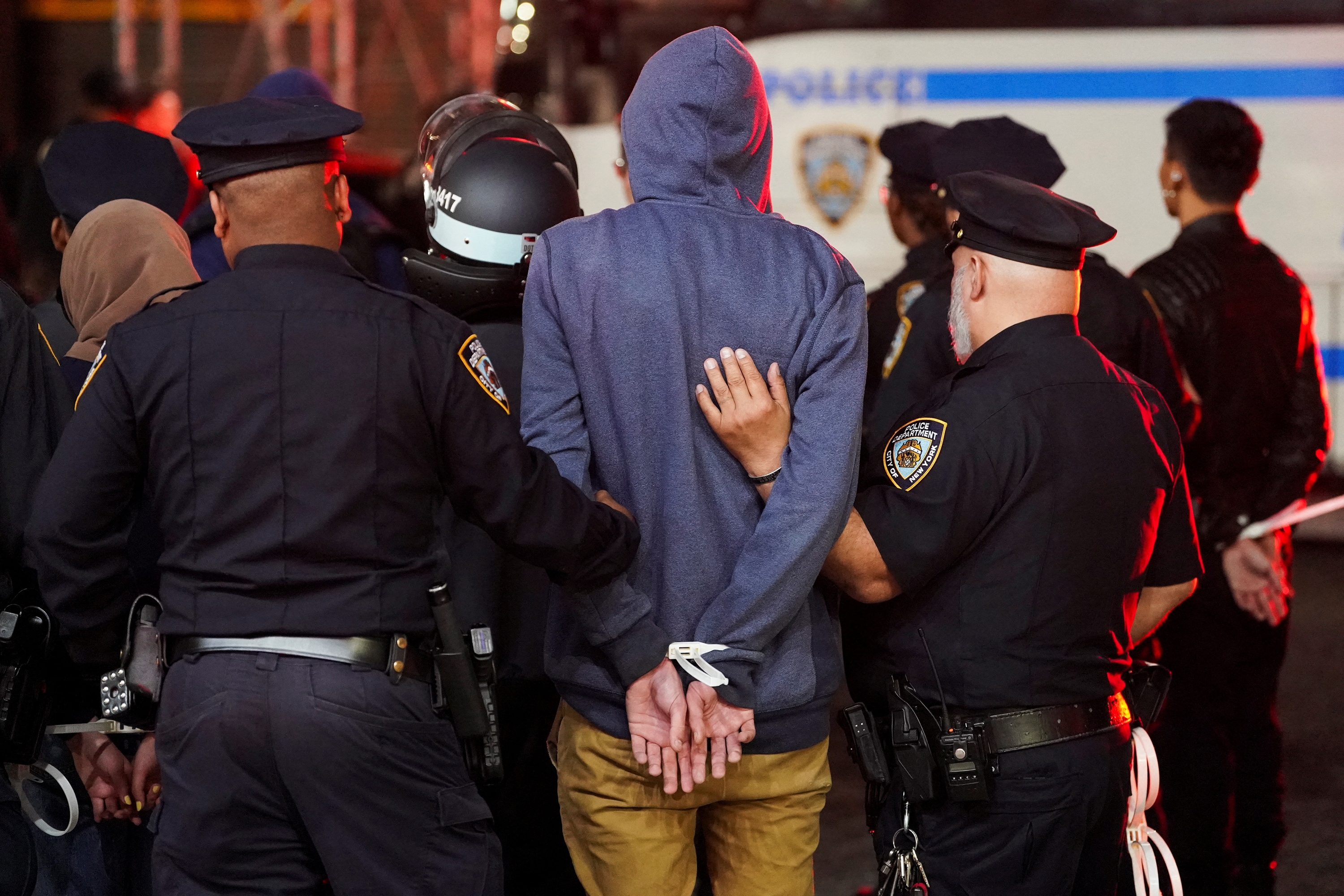 Police detain a protester at Columbia University in New York City, on April 30. 