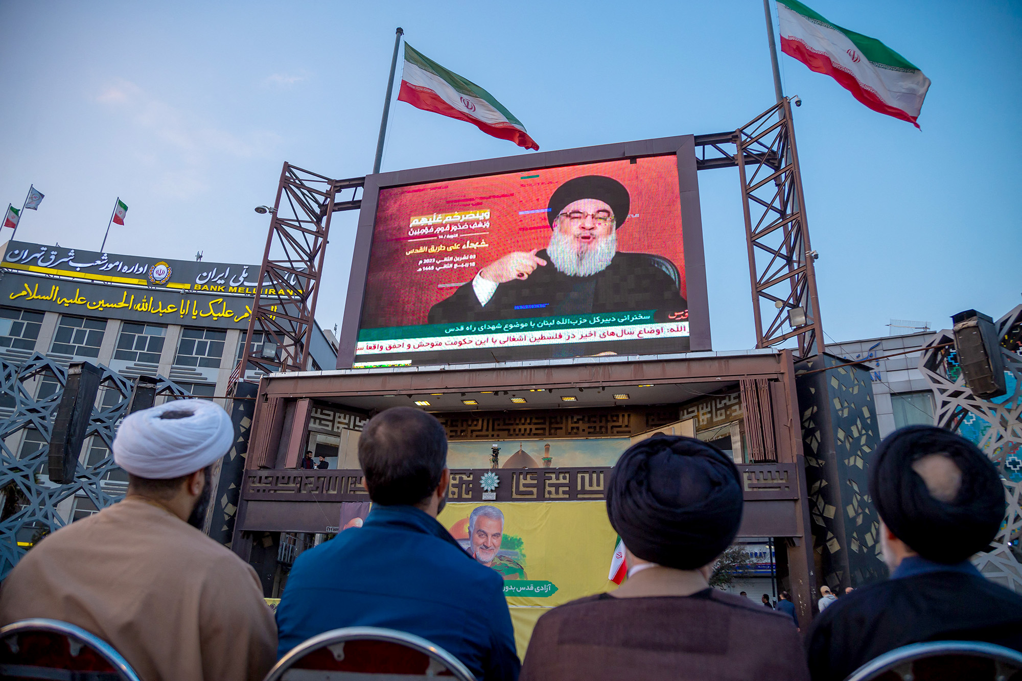 People gather at Imam Hossein Square in Tehran, Iran, on November 3, to watch Hezbollah Secretary General Hassan Nasrallah's speech regarding the Israel-Hamas conflict. 