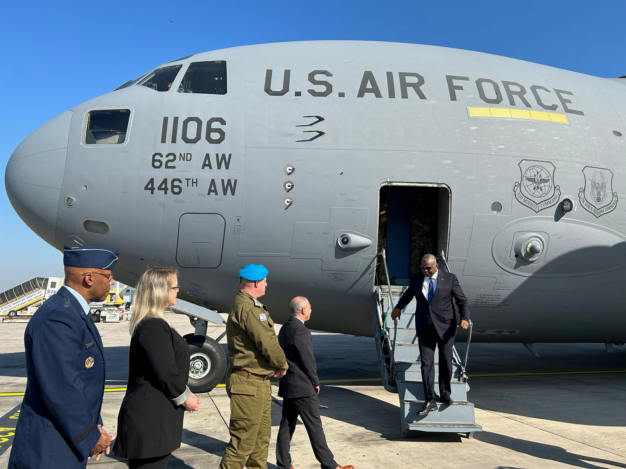 U.S. Secretary of Defense Lloyd Austin disembarks from an aircraft as he arrives for an official visit to Israel at Ben Gurion International Airport, in Lod, Israel, on December 18.