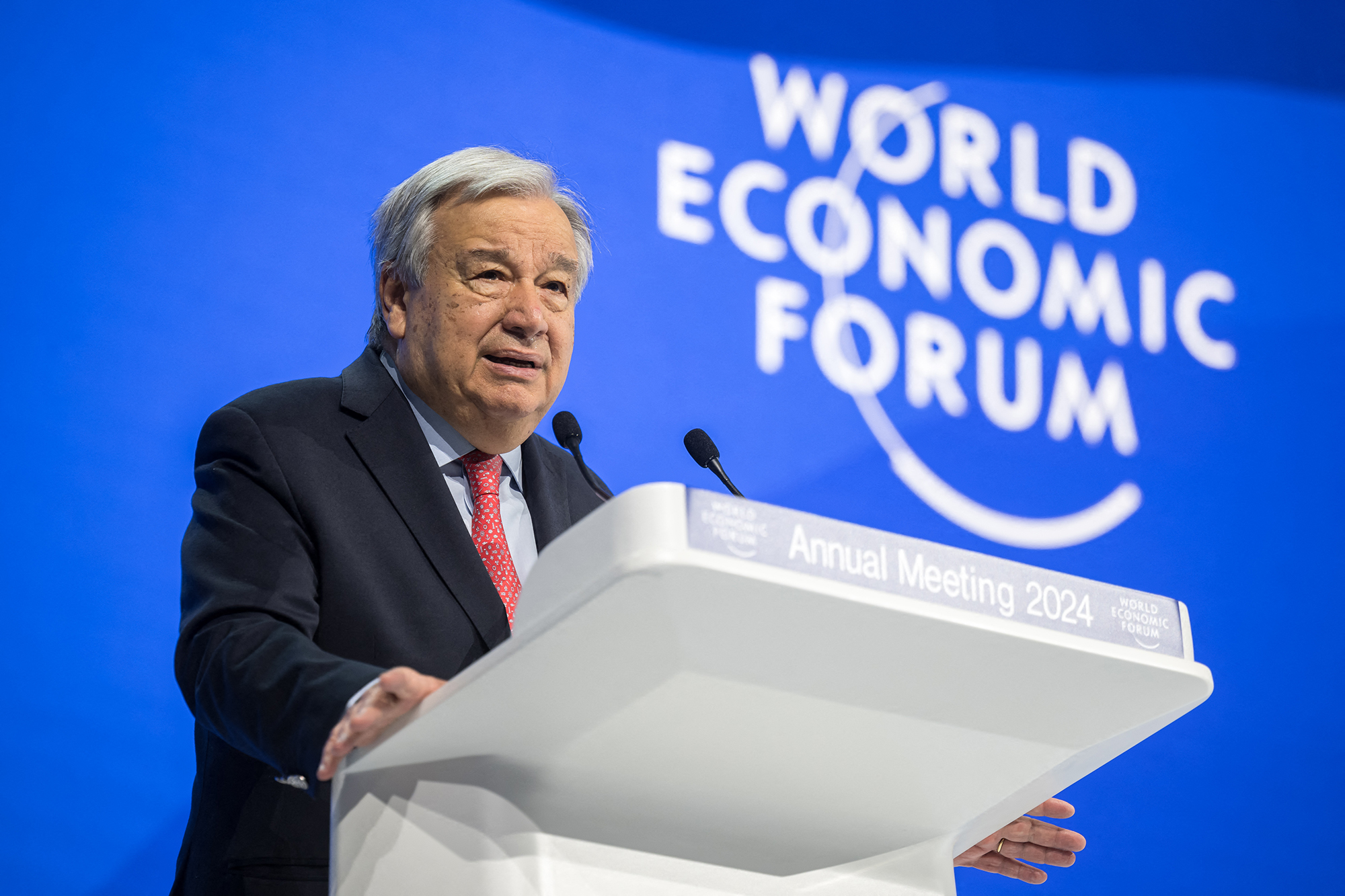 UN Secretary-General Antonio Guterres addresses the assembly during the World Economic Forum (WEF) meeting in Davos, Switzerland, on January 17.