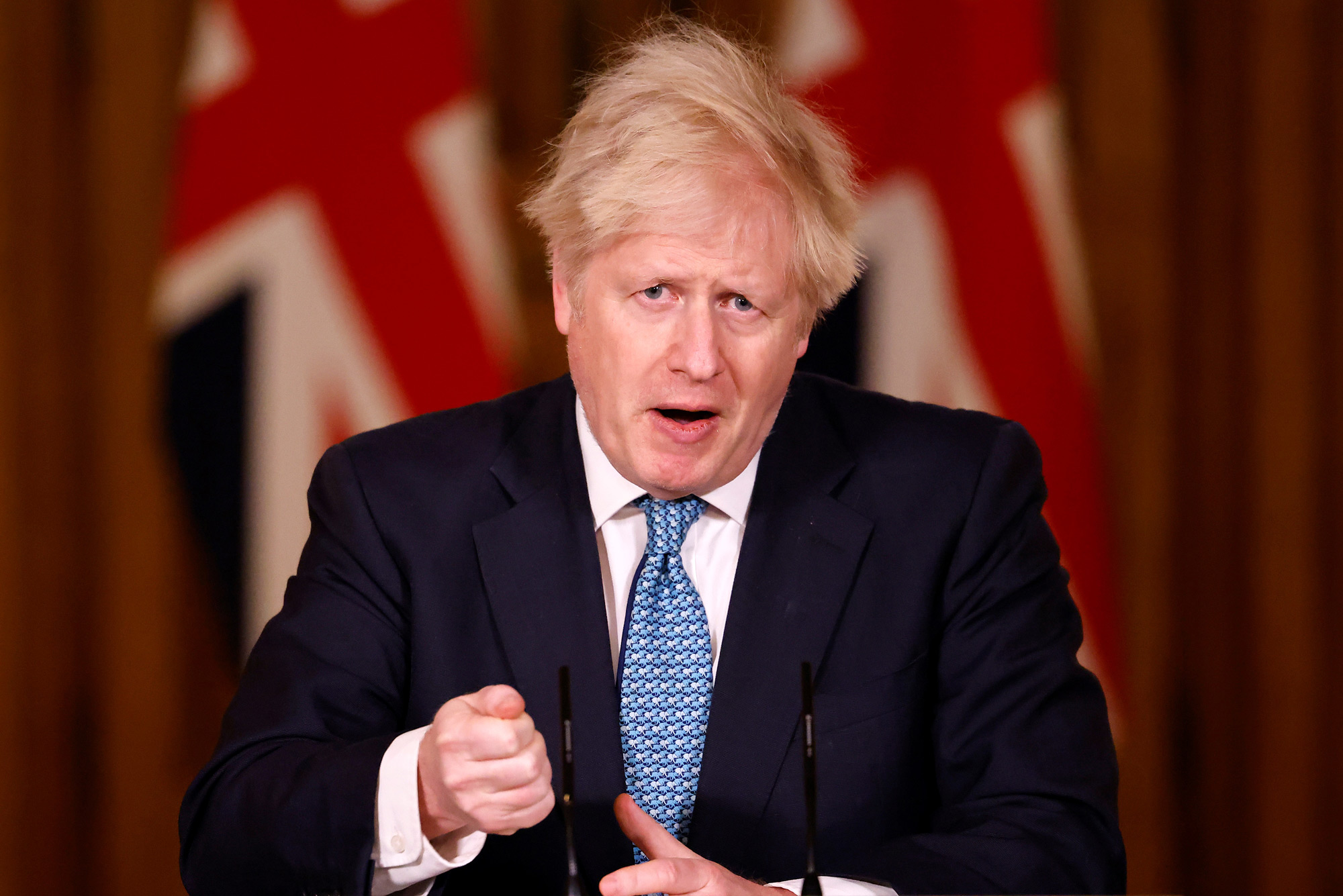Britain's Prime Minister Boris Johnson speaks during a virtual press conference inside 10 Downing Street in central London on December 21.