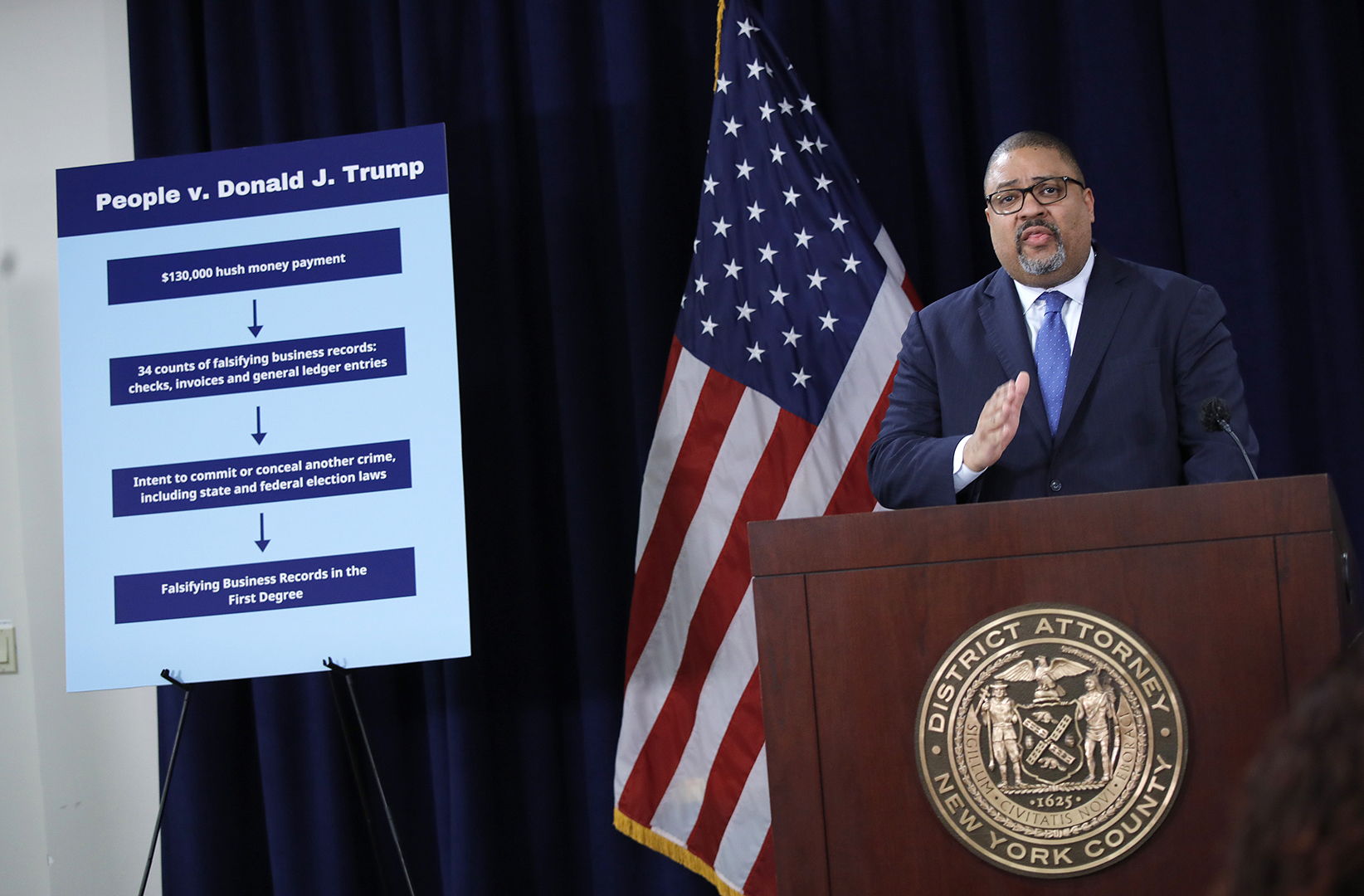 Manhattan District Attorney Alvin Bragg speaks during a press conference following the arraignment of former President Donald Trump on April 4.