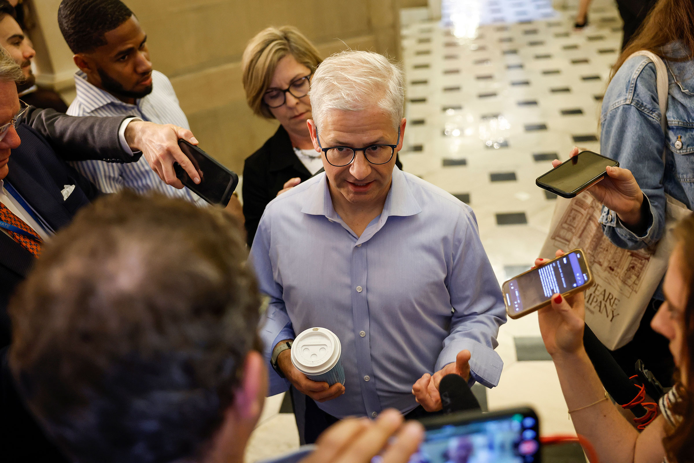 Rep. Patrick McHenry speaks to reporters outside of the office for Speaker of the House Kevin McCarthy in the Capitol Building on May 30 in Washington, DC.