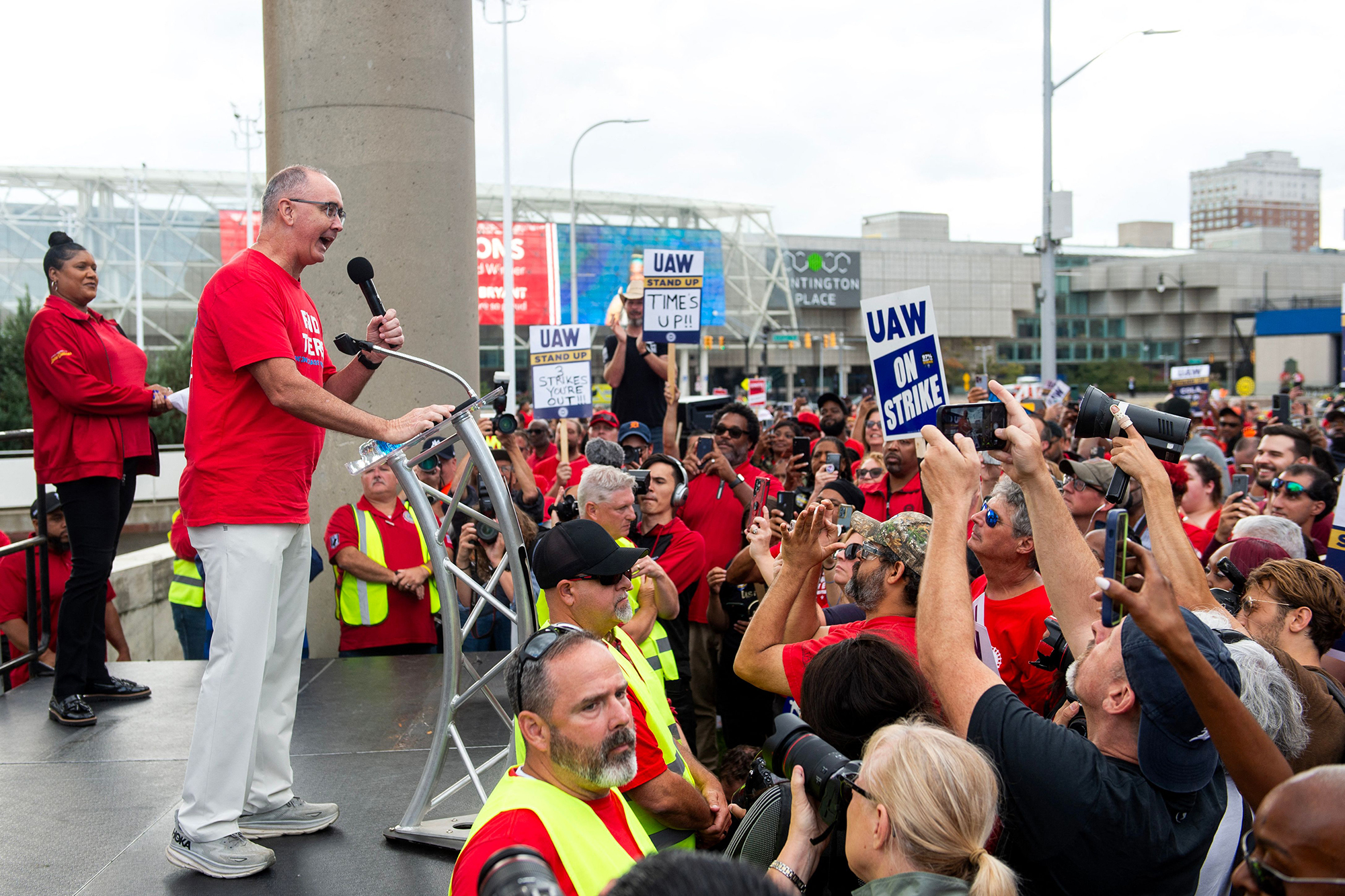 UAW President Shawn Fain speaks during a rally on September 15, in Detroit, Michigan. 
