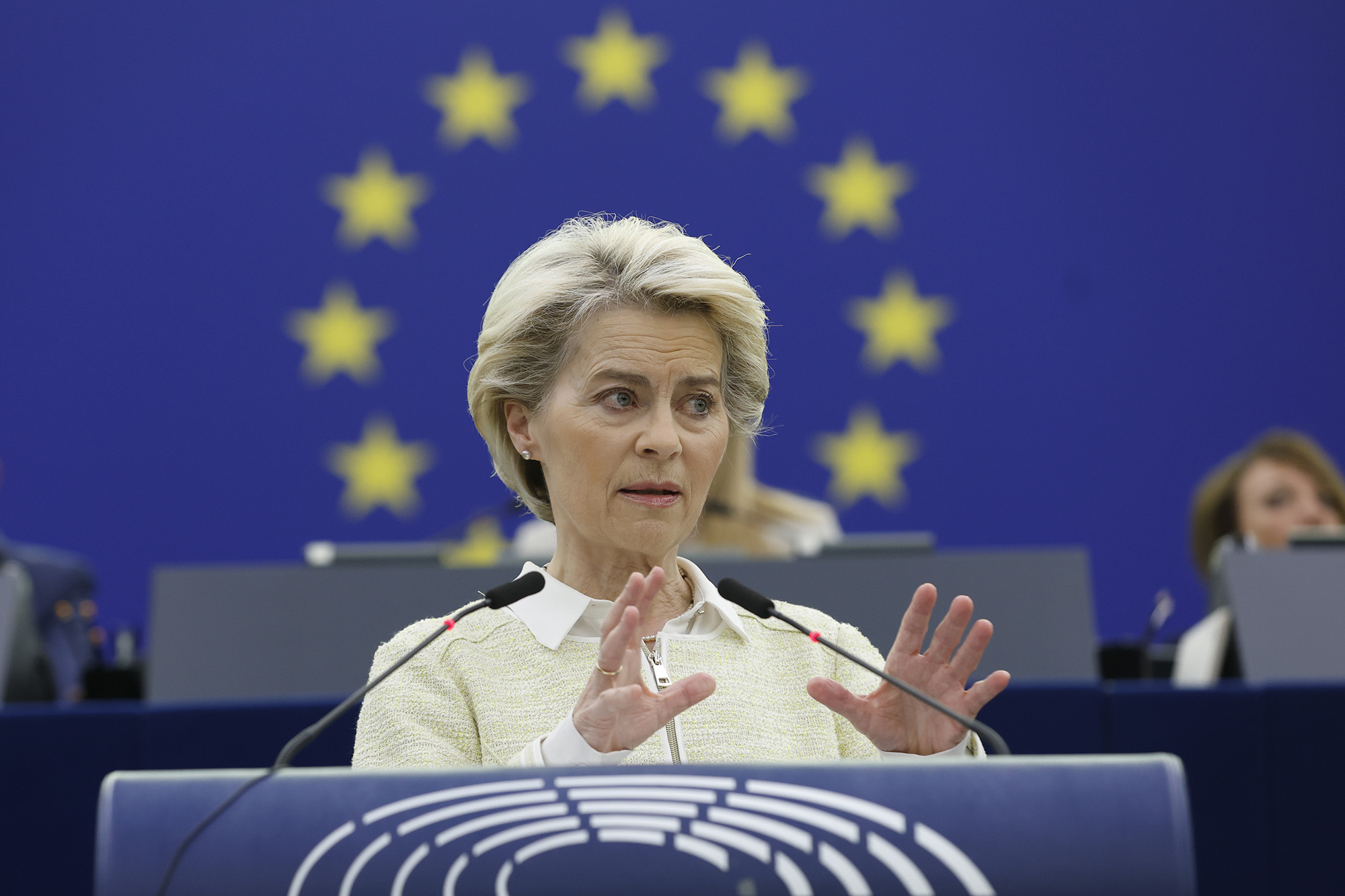 European Commission President Ursula von der Leyen delivers her speech during a debate on the social and economic consequences for the EU of the Russian war in Ukraine, on May 4, at the European Parliament in Strasbourg, France.