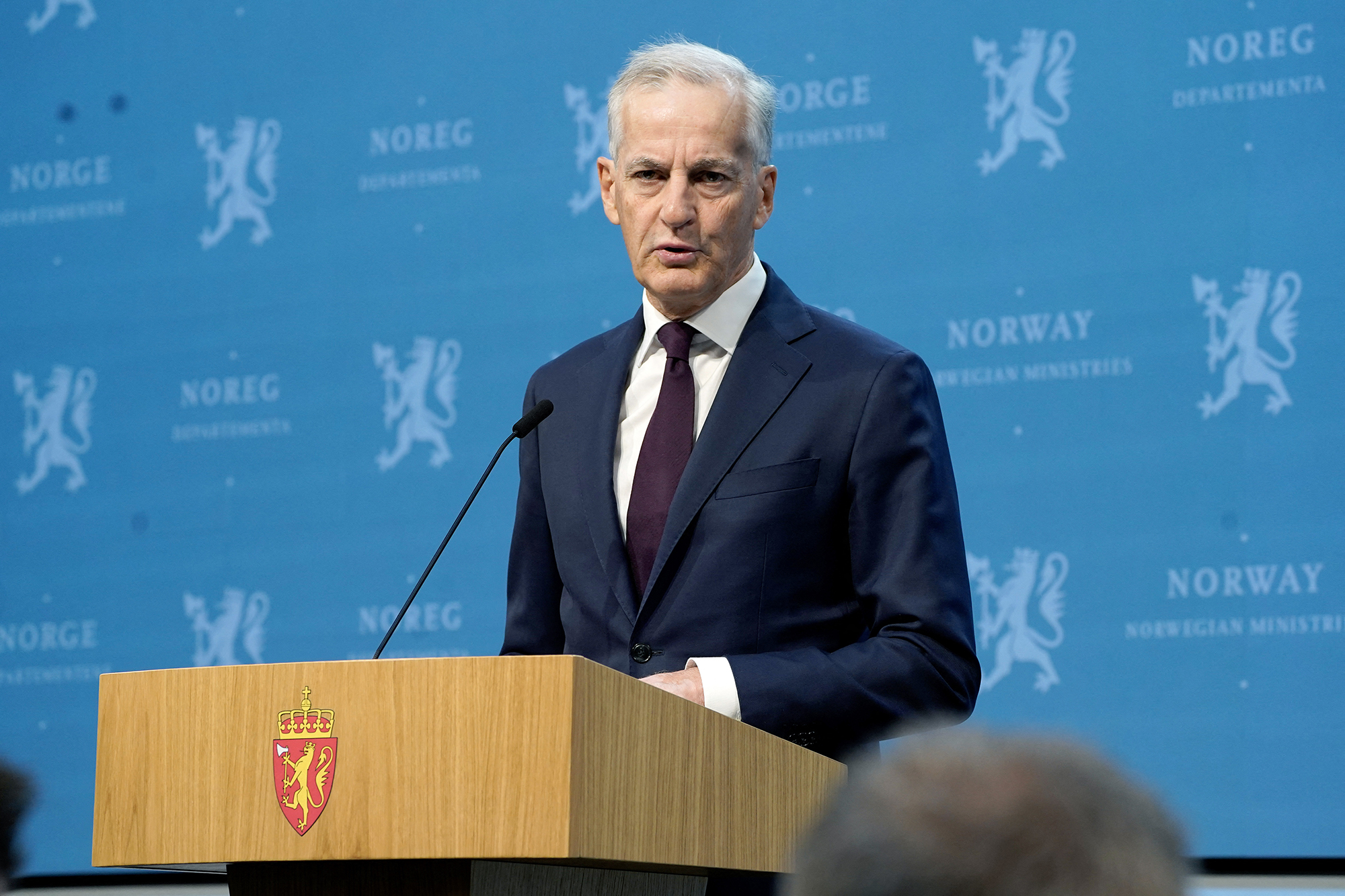 Norway's Prime Minister Jonas Gahr Store speaks during a press conference announcing that Norway recognises Palestine as an independent state from 28 May, in Oslo, Norway, on May 22.