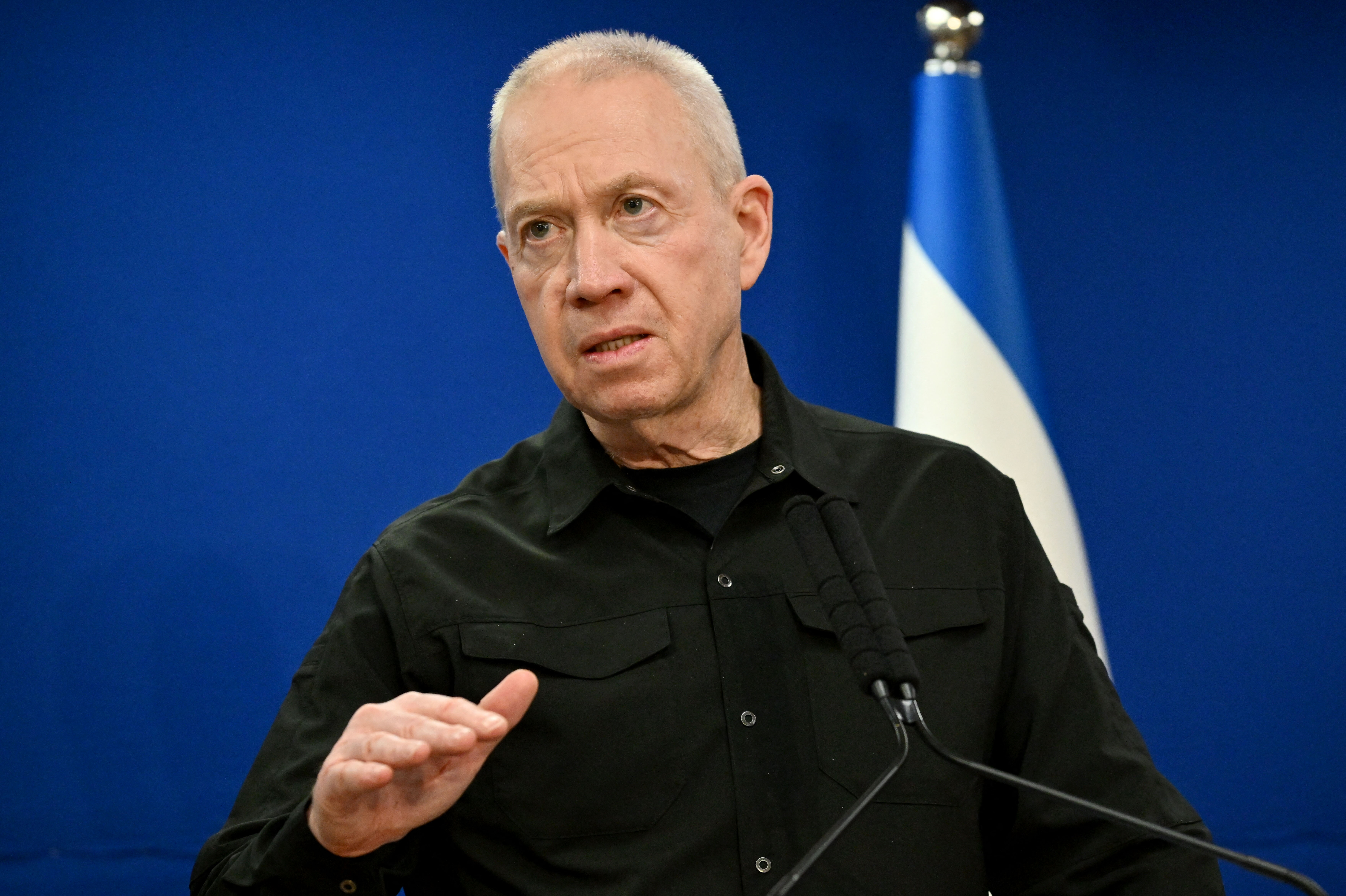 Israel’s Defense Minister Yoav Gallant speaks during a press conference in Tel Aviv on December 18, 2023.
