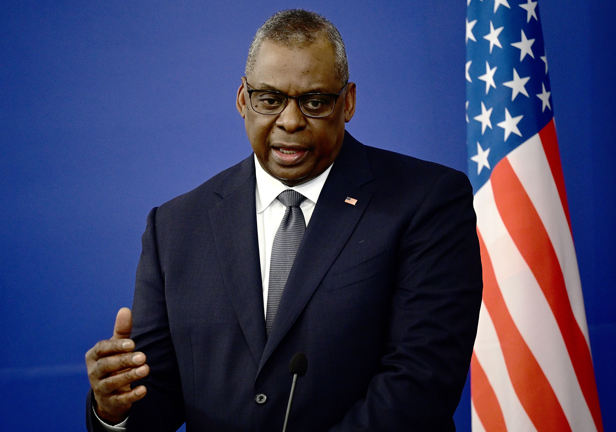 US Secretary of Defense Lloyd Austin attends a press conference in Sofia, Bulgaria on March 19. 