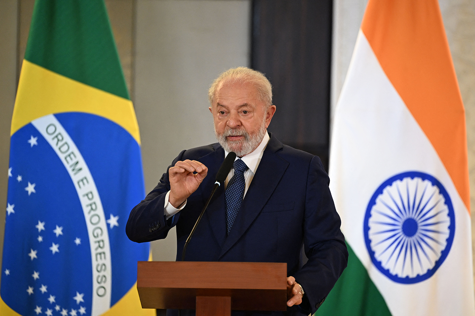 Luiz Inacio Lula da Silva speaks at a press conference in New Delhi on September 11.