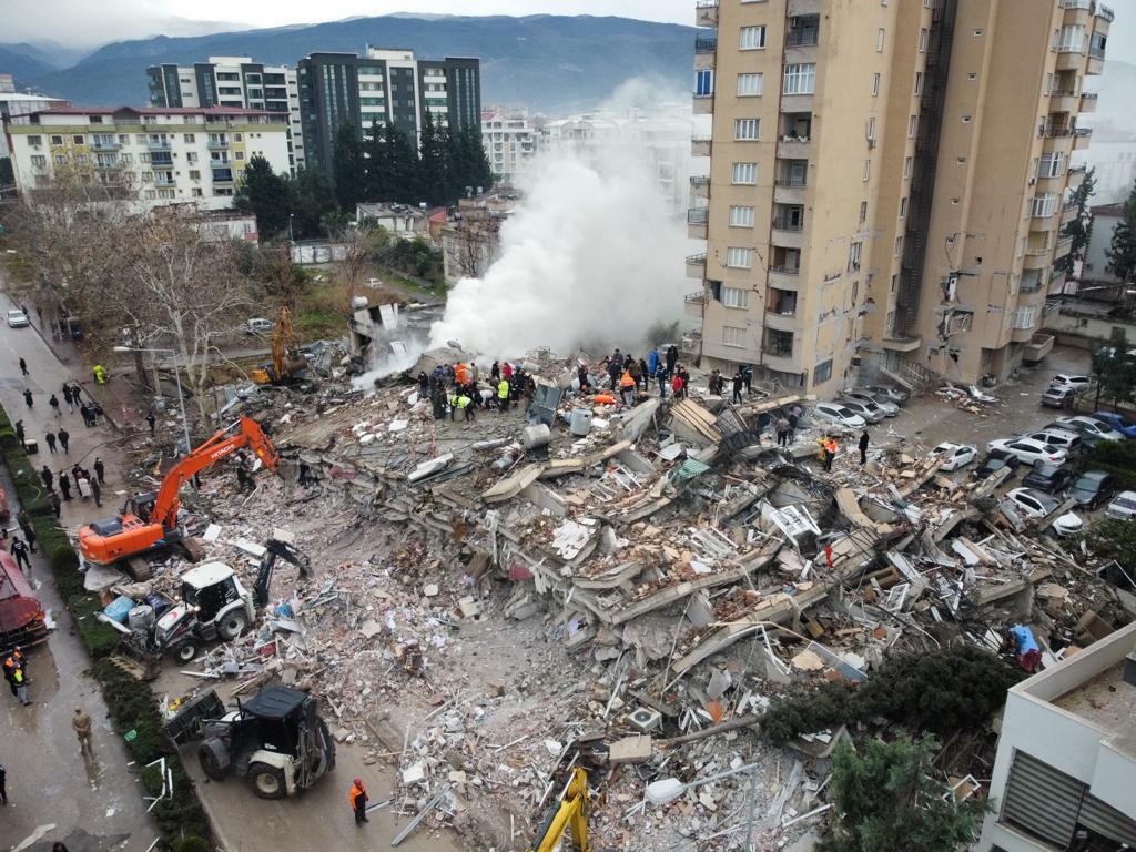 An aerial view of debris as rescue workers conduct search and rescue operations on a collapsed building in Osmaniye, Turkey on February 6.