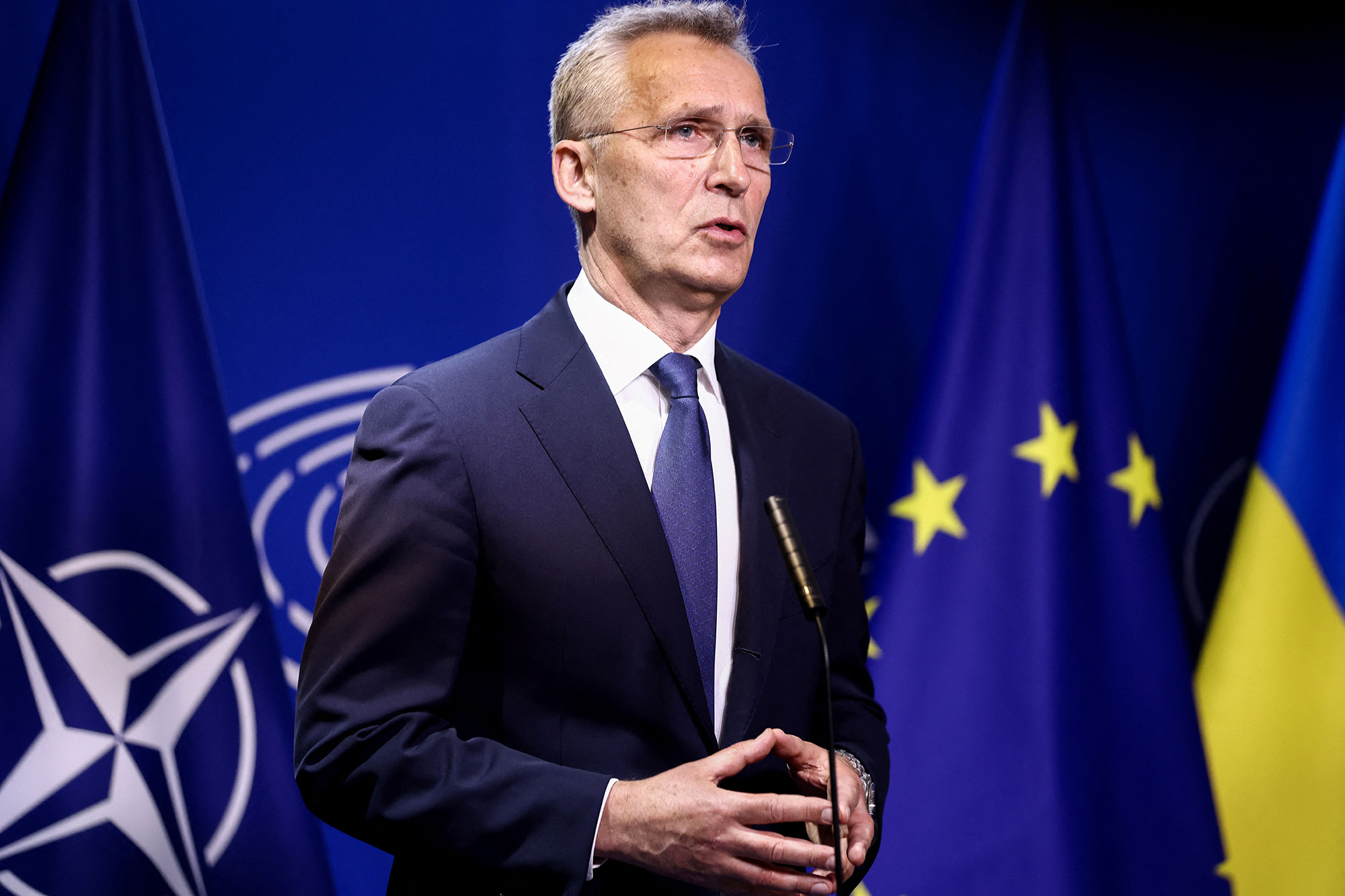 NATO Secretary General Jens Stoltenberg holds a press conference along with the European Parliament president at the European Parliament in Brussels, Belgium, on April 28.