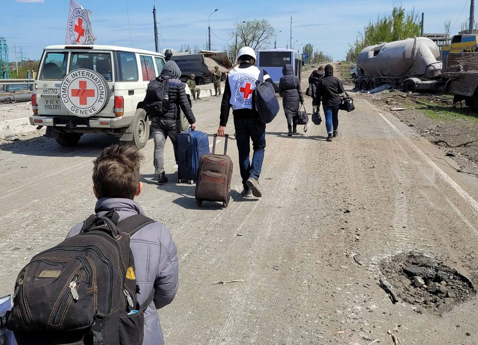 The International Committee of the Red Cross team participates in an ongoing operation to facilitate the safe passage of civilians out of the Azovstal plant and Mariupol on May 4.