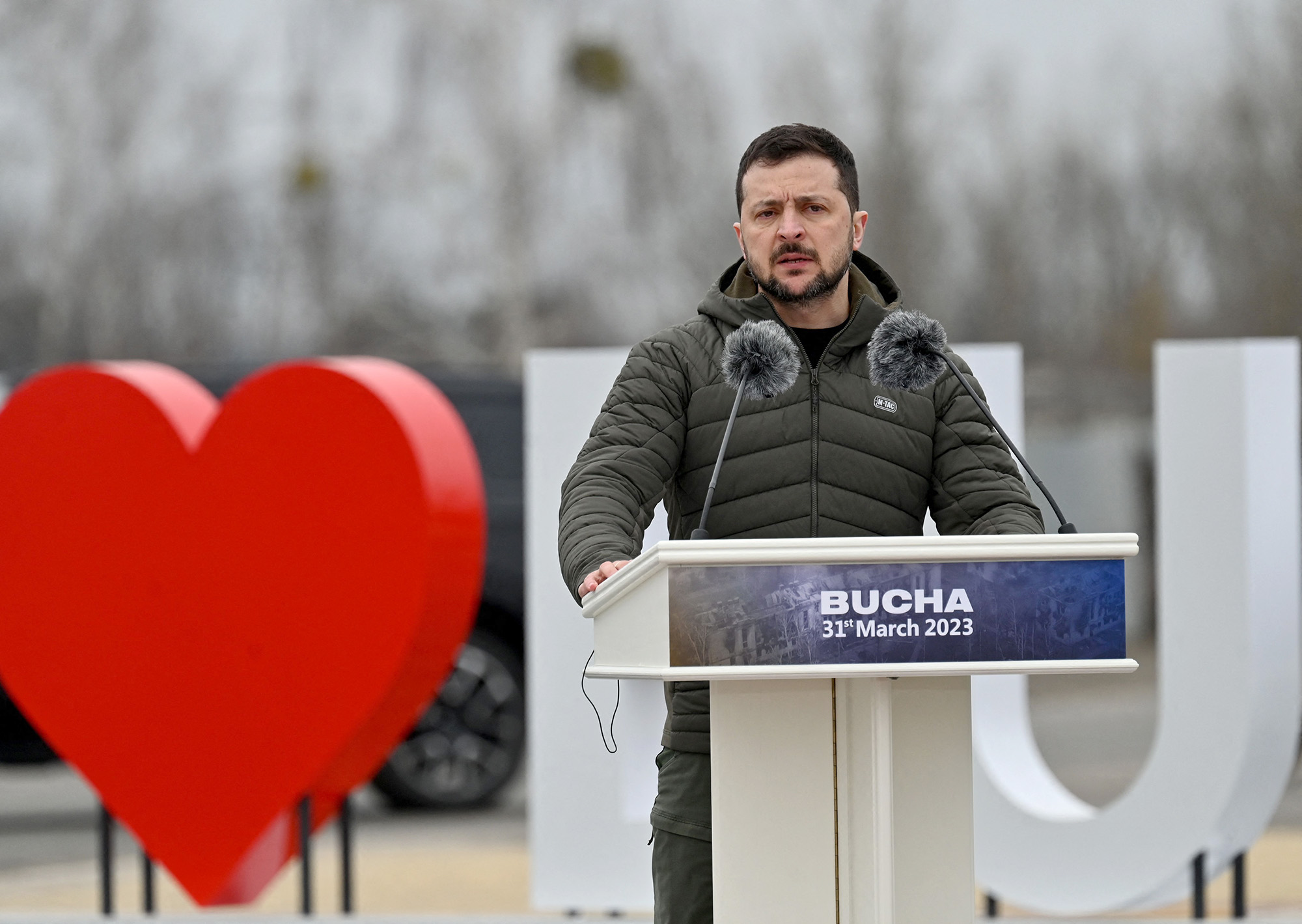 Ukrainian President Volodymyr Zelensky attends a ceremony marking the first anniversary of the retreat of Russian troops from the Ukrainian town of Bucha, near Kyiv in Ukraine, on March 31.