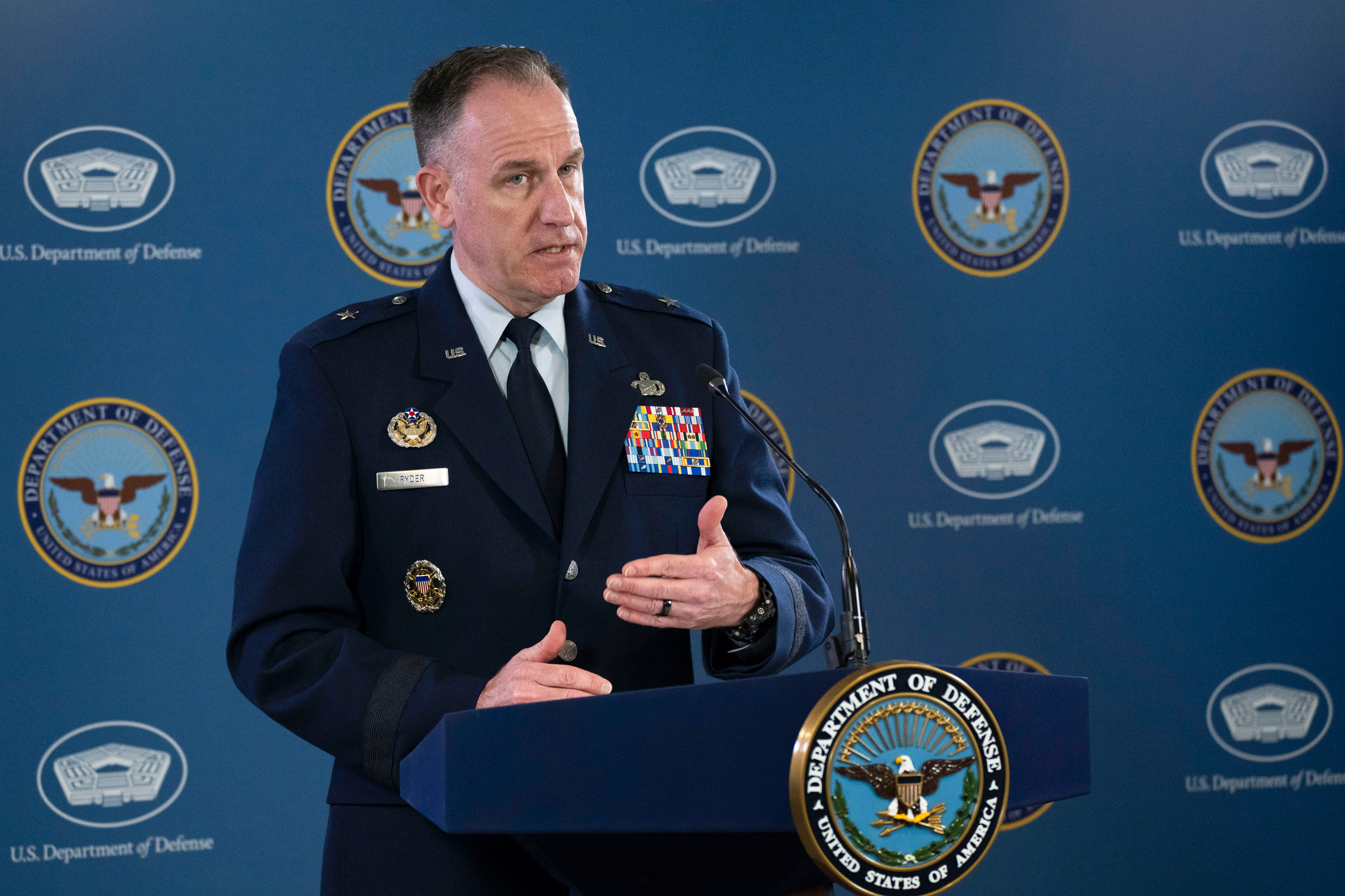 Pentagon spokesman Air Force Brig. Gen. Patrick Ryder speaks during a briefing at the Pentagon in Washington, DC on Thursday.