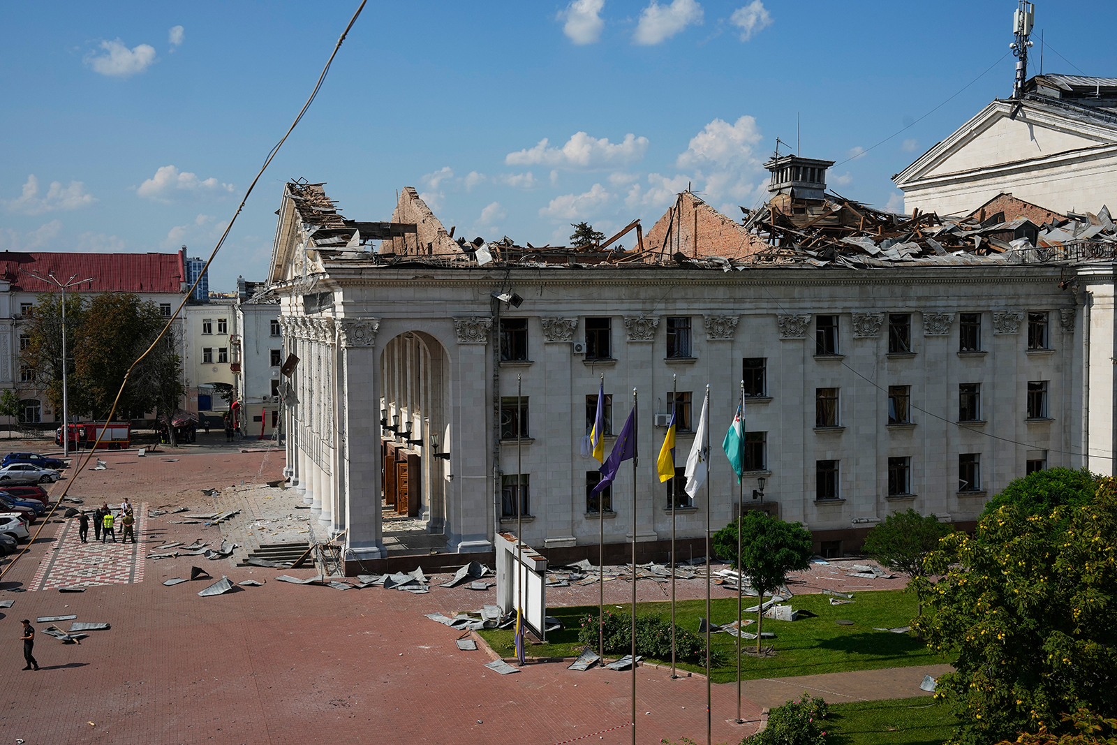 Taras Shevchenko Chernihiv Regional Academic Music and Drama Theatre is seen damaged by a Russian missile attack in Chernihiv, Ukraine, on August 19.