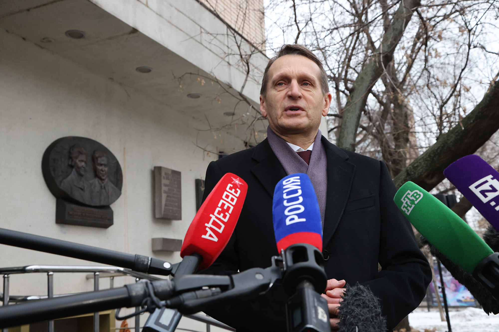 Russian Foreign Intelligence Service SVR RF Chief Sergei Naryshkin pictured during the opening ceremony of the commemorative plaque to Soviet spies Morris Cohen and Lona Cohen on January 11, in Moscow, Russia. 