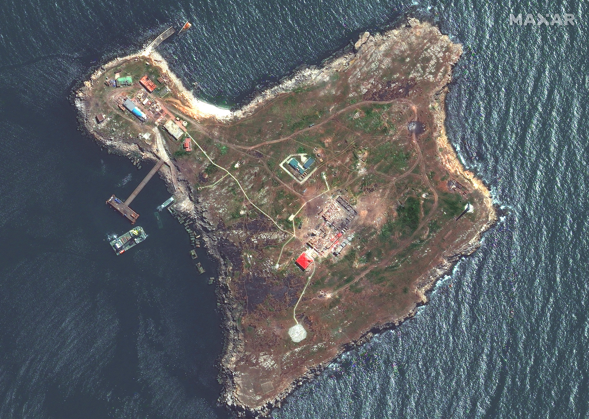Satelitná snímka zobrazuje prehľad hadieho ostrova na Ukrajine 12. mája.