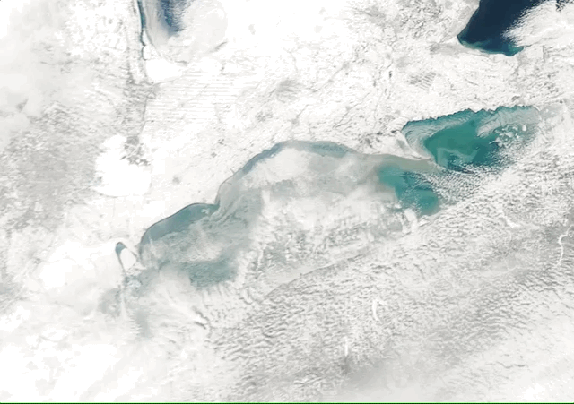 Satellite imagery shows Lake Erie on Sunday and then again this past Thursday. 