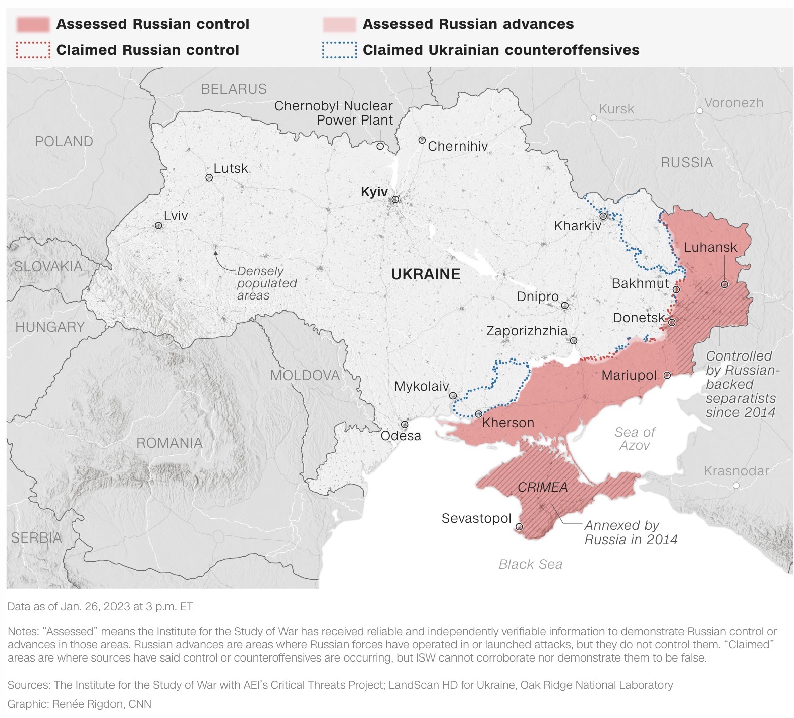 Este mapa muestra el estado de control más reciente en Ucrania