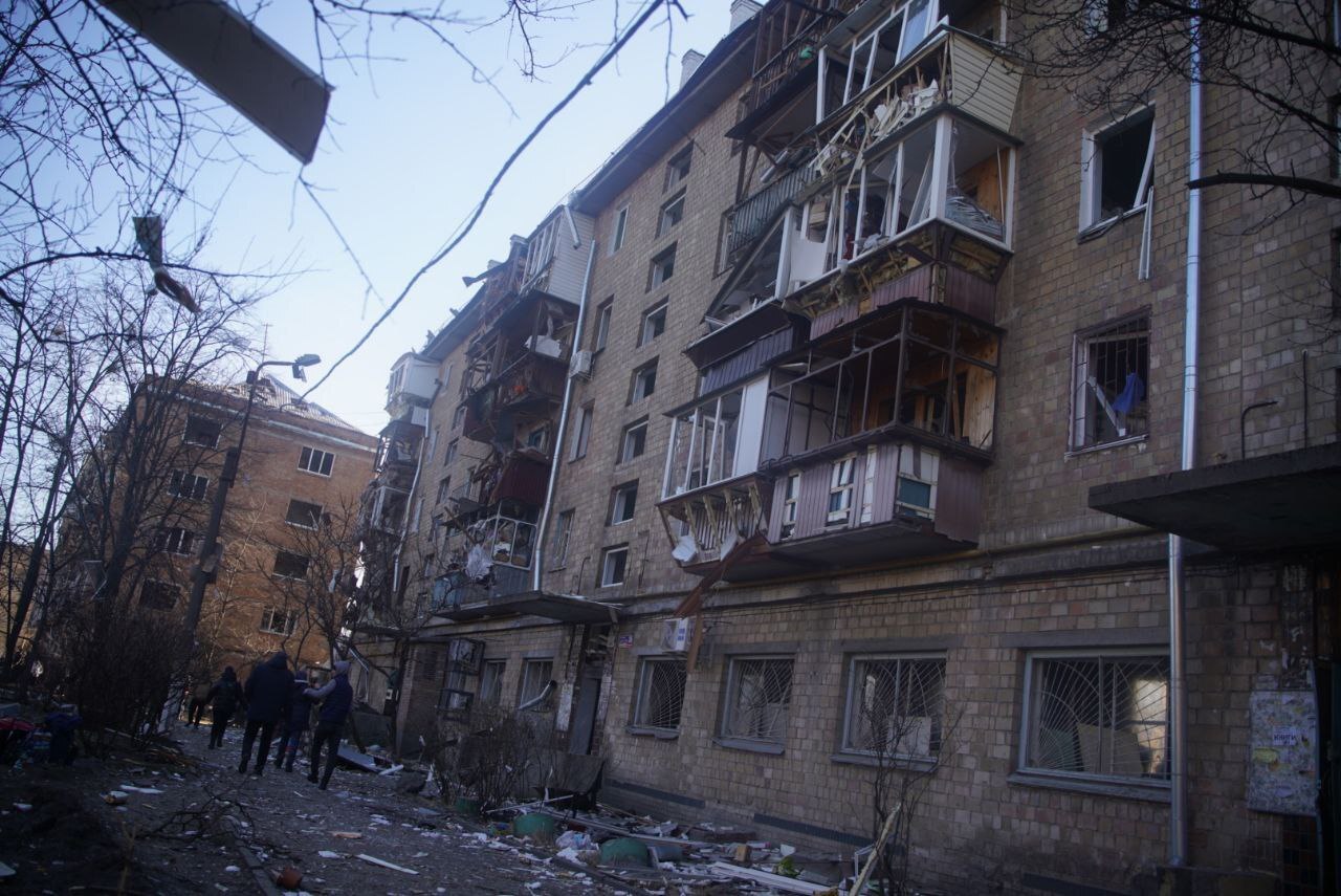 A view of the damage after shelling hit a building in the Kamianets-Podilskyi district of Kyiv, Ukraine, on March 18.