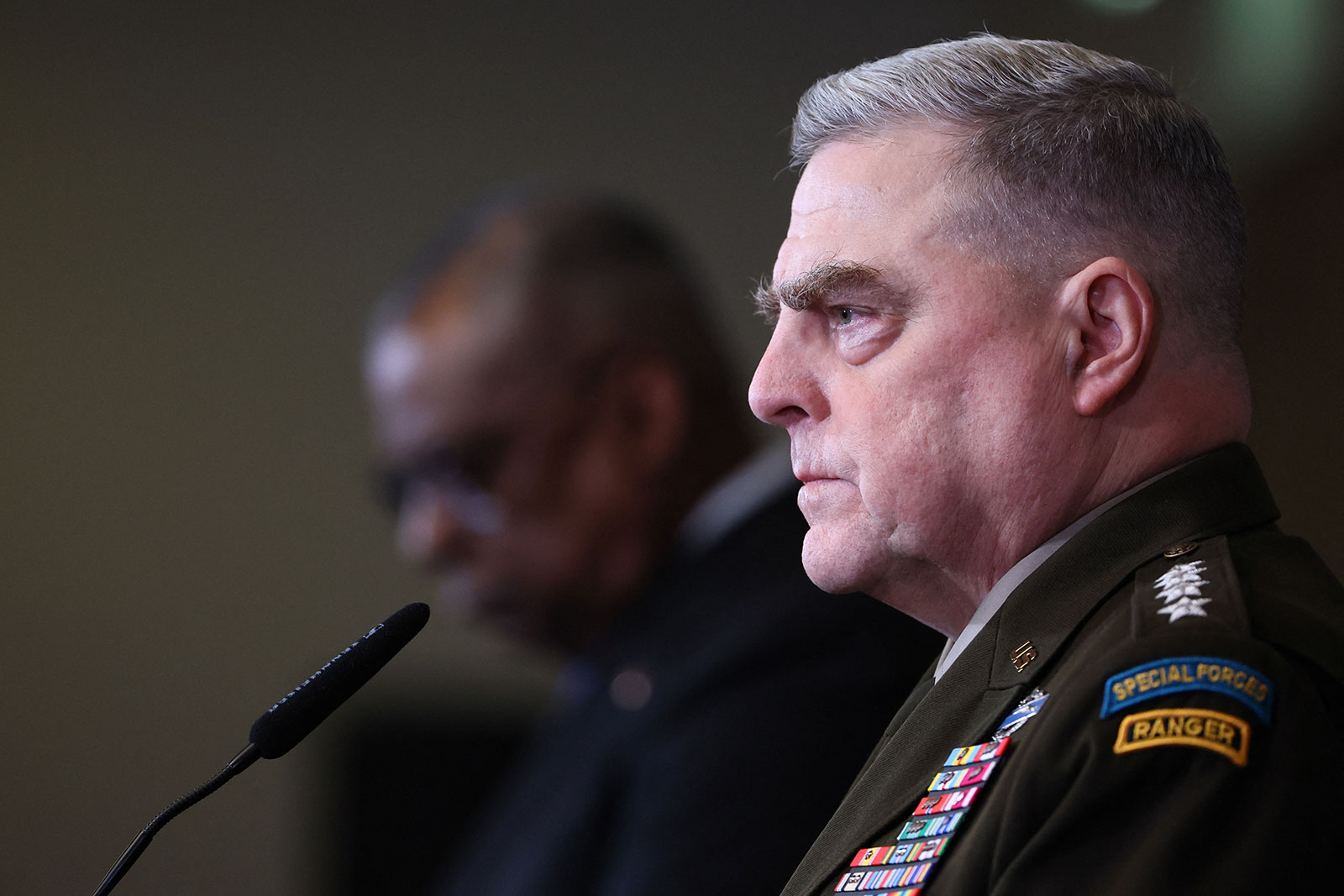Chairman of the Joint Chiefs of Staff Gen. Mark A. Milley attends a news conference at Ramstein Air Base in Germany. 