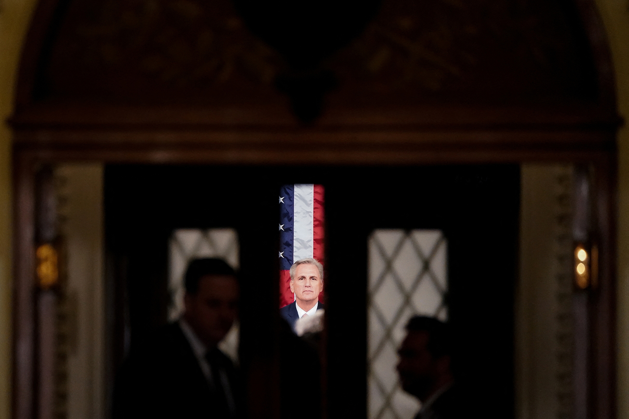 House Speaker Kevin McCarthy is seen as the doors to the House Chamber are closed ahead of U.S. President Joe Biden’s State of the Union Address.