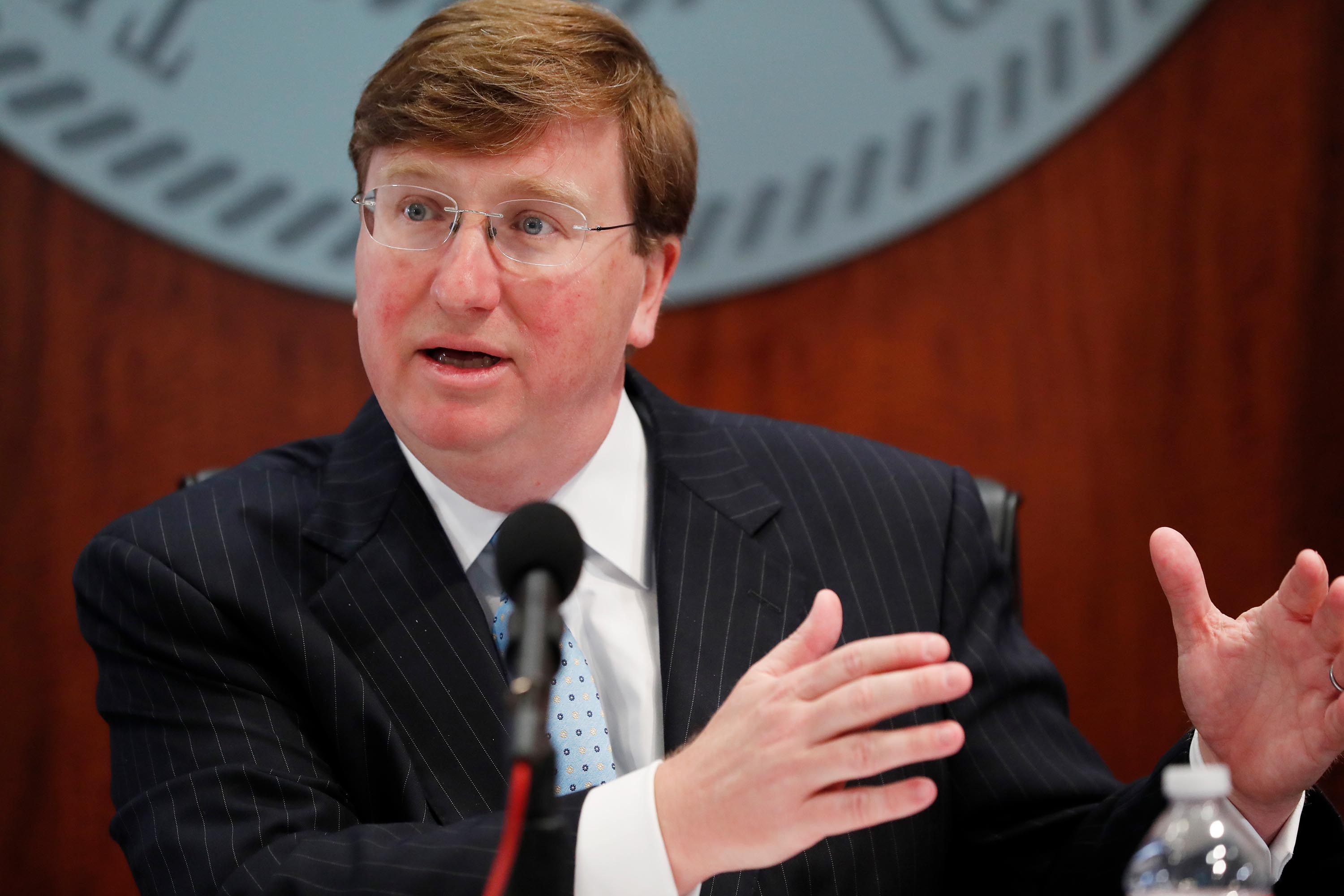 Mississippi Gov. Tate Reeves discusses how the state is responding to COVID-19 during a news conference in Jackson, Mississippi, Monday, April 6.