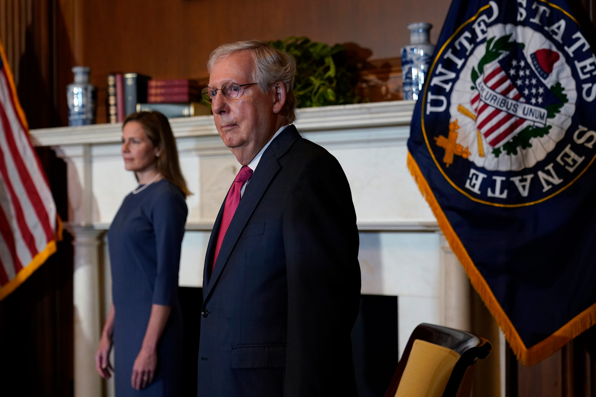 Senate Majority Leader Mitch McConnell meets with Judge Amy Coney Barrett on Capitol Hill on September 29 in Washington, DC. 