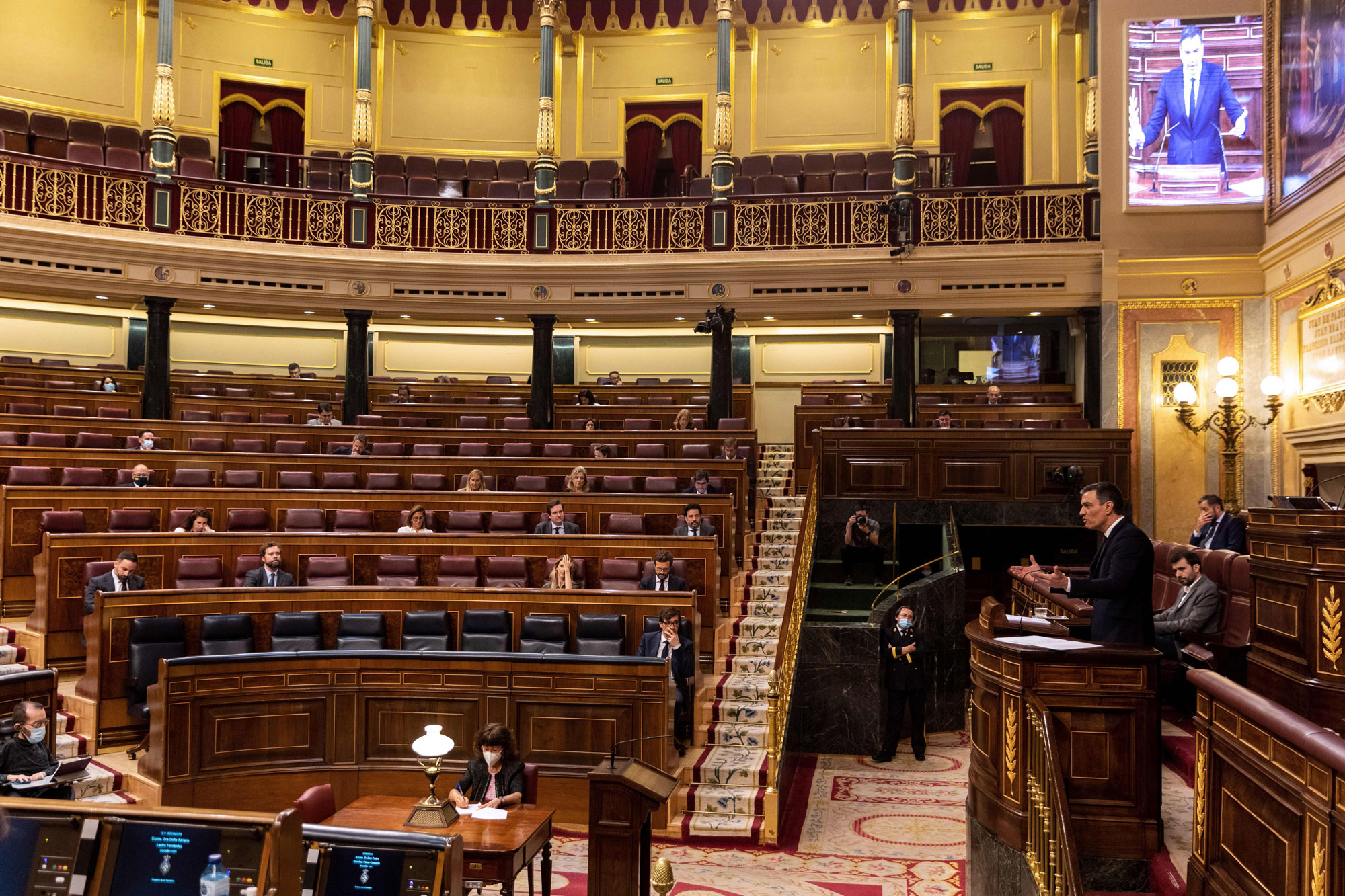 Spain's Prime Minister Pedro Sanchez addresses a plenary session at the parliament to debate on an extension of the state of emergency amid the coronavirus outbreak in Madrid on June 3.